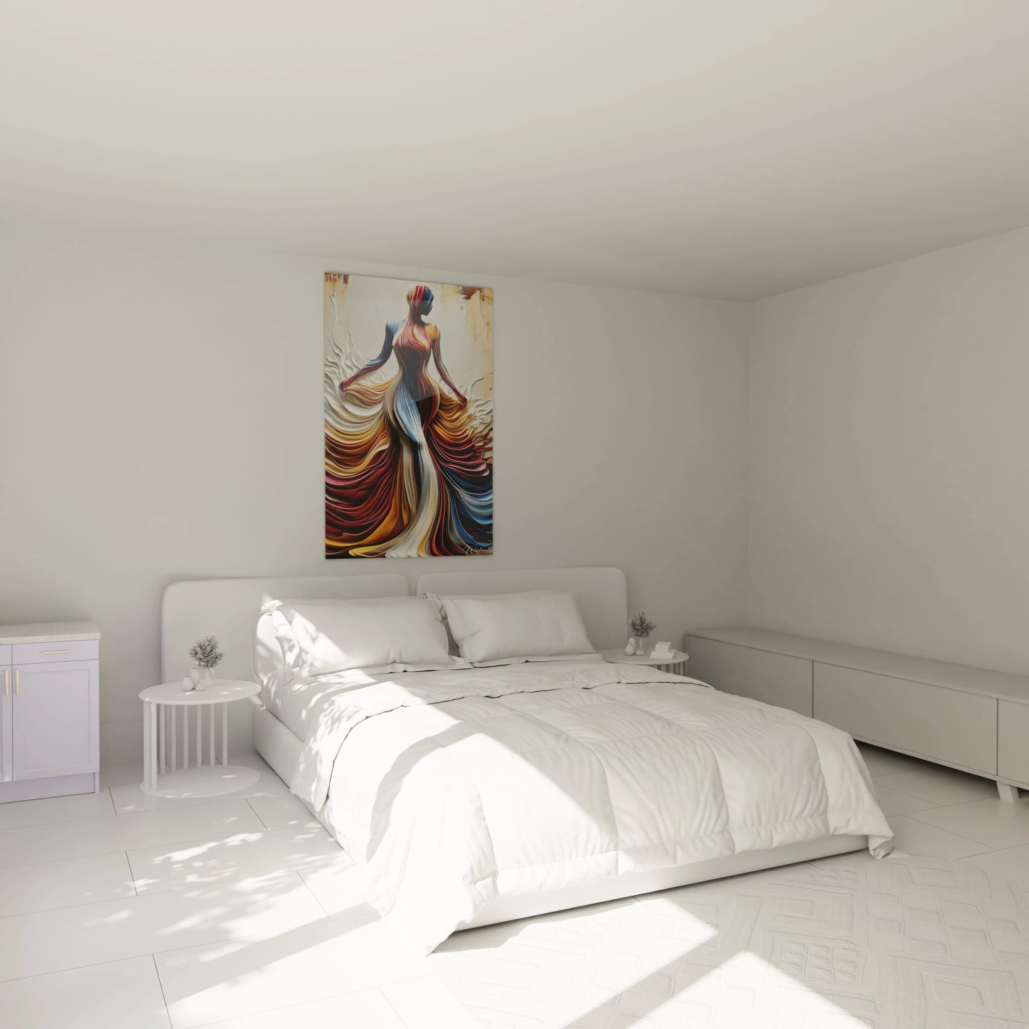 Tableau femme fluide luxe accroché au mur d'une chambre moderne avec lit blanc et décoration minimaliste