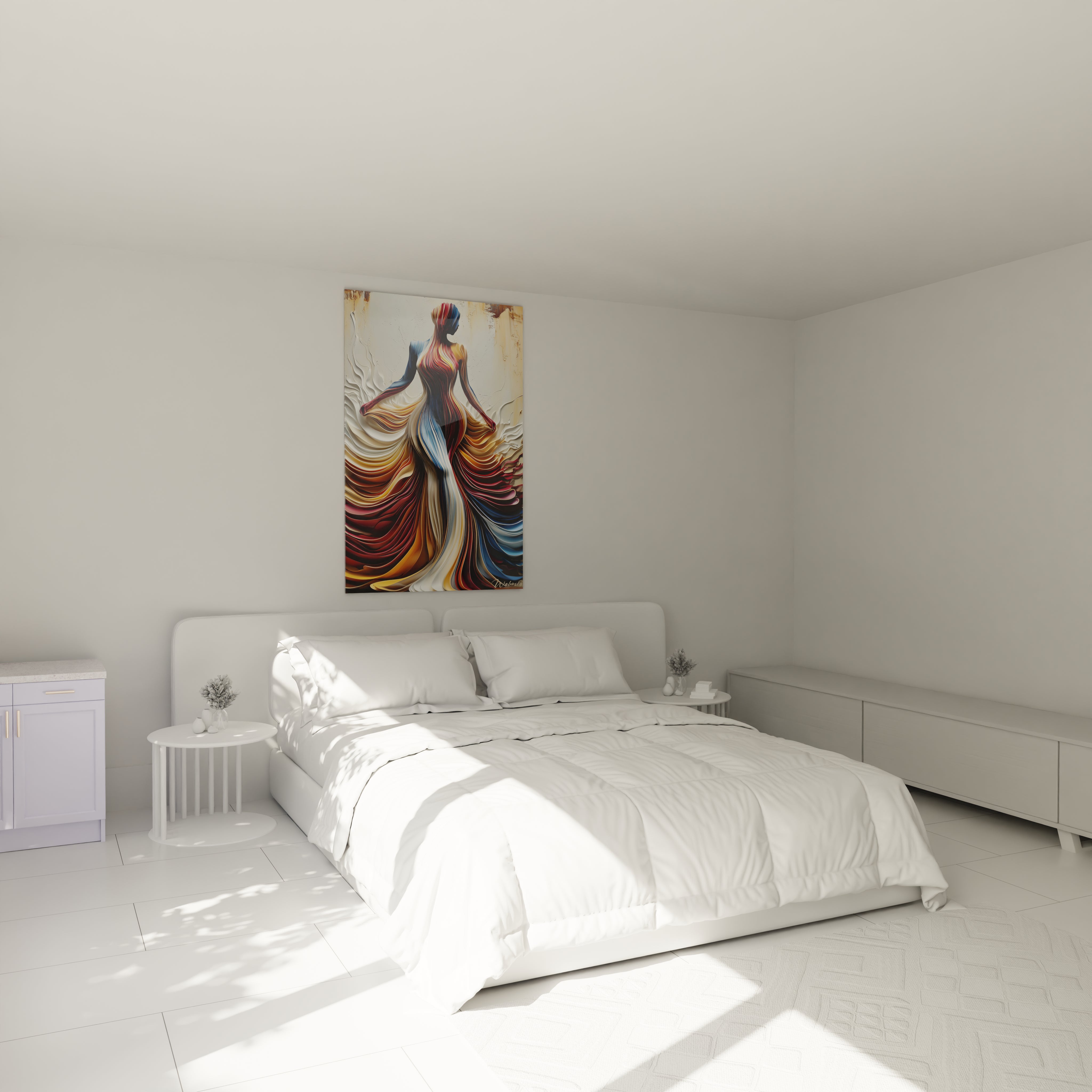 Tableau femme fluide luxe accroché au mur d'une chambre moderne avec lit blanc et décoration minimaliste