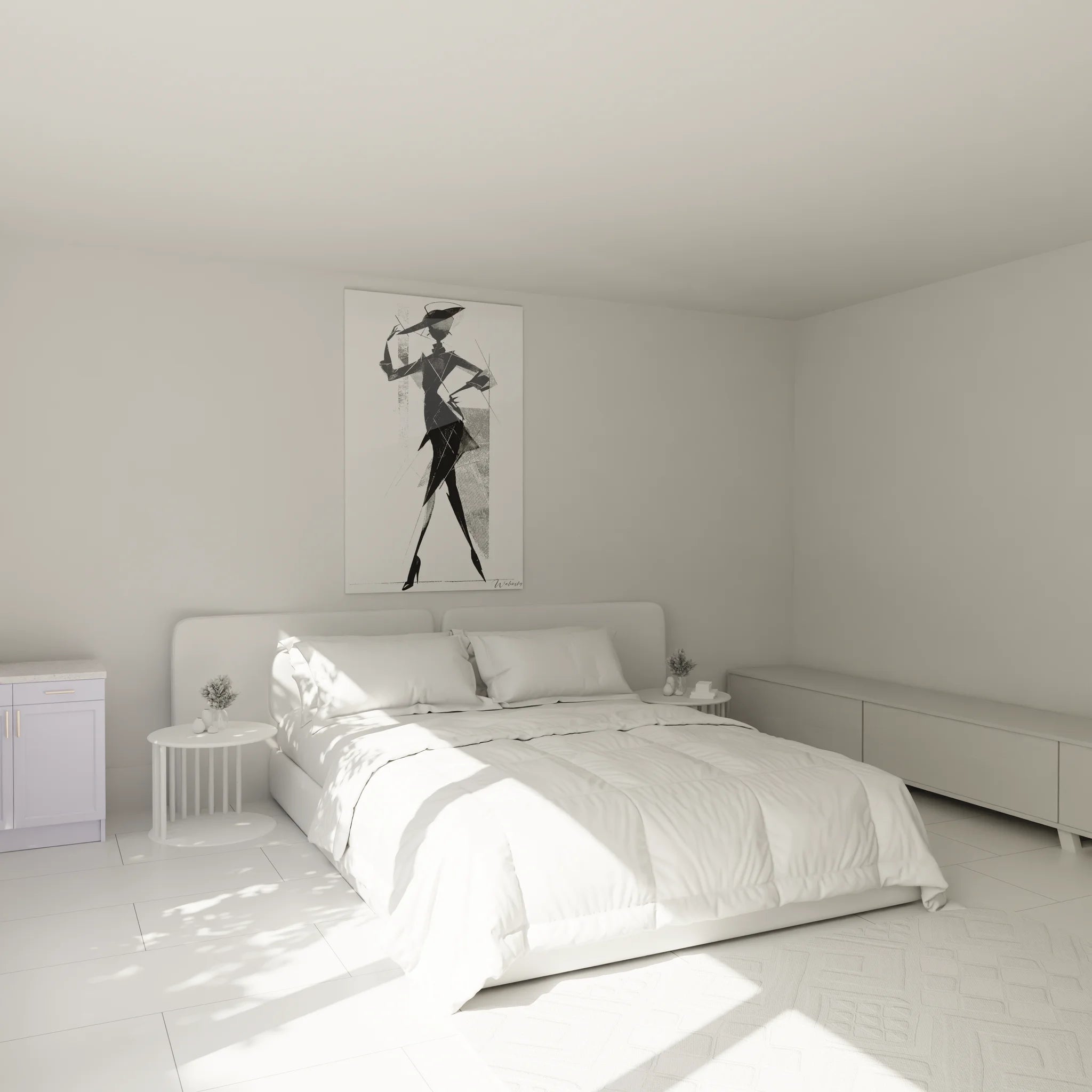 Ambiance chambre avec tableau femme géométrique noir et blanc décoratif mural moderne