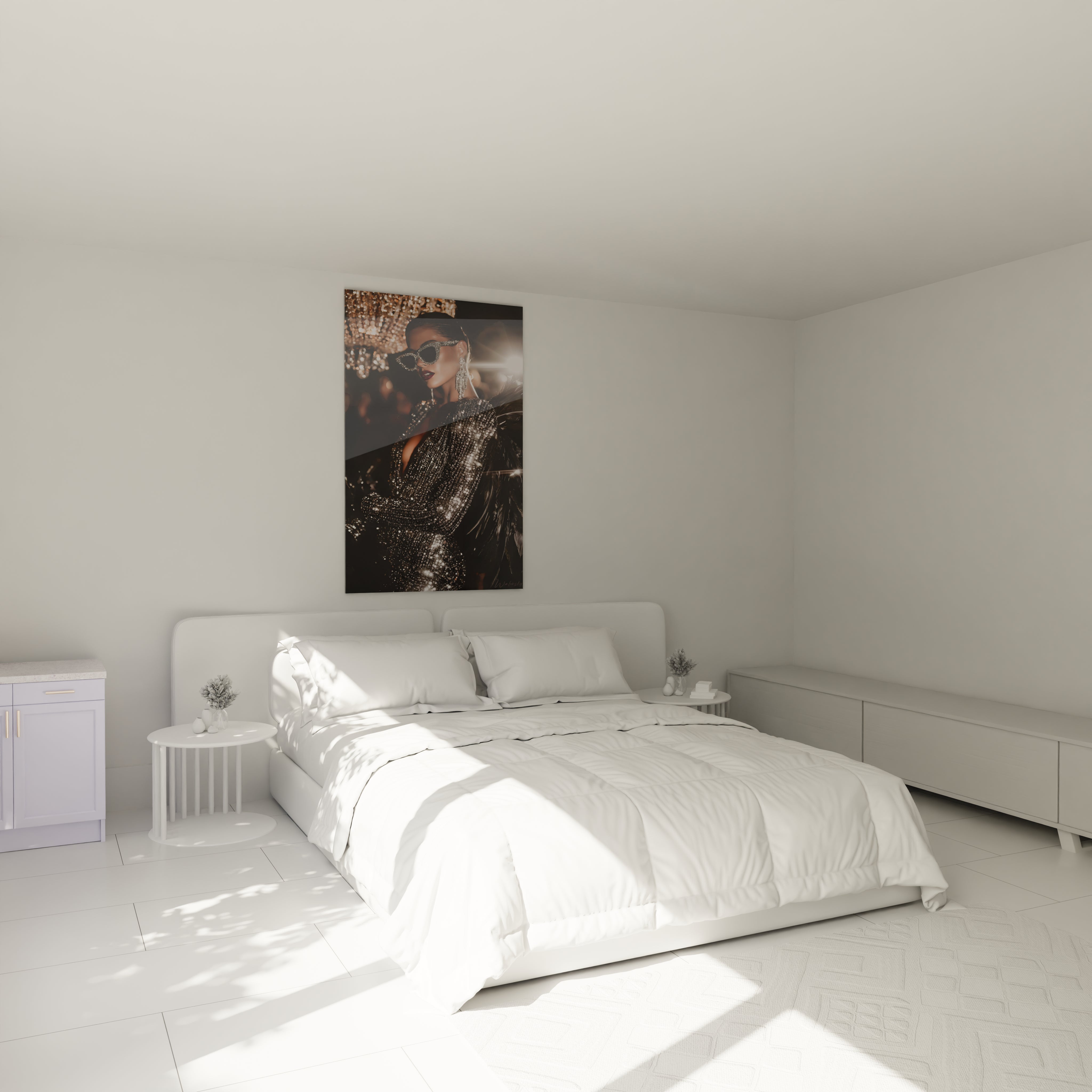 Tableau femme glamour haute couture accroché au mur d'une chambre lumineuse et moderne