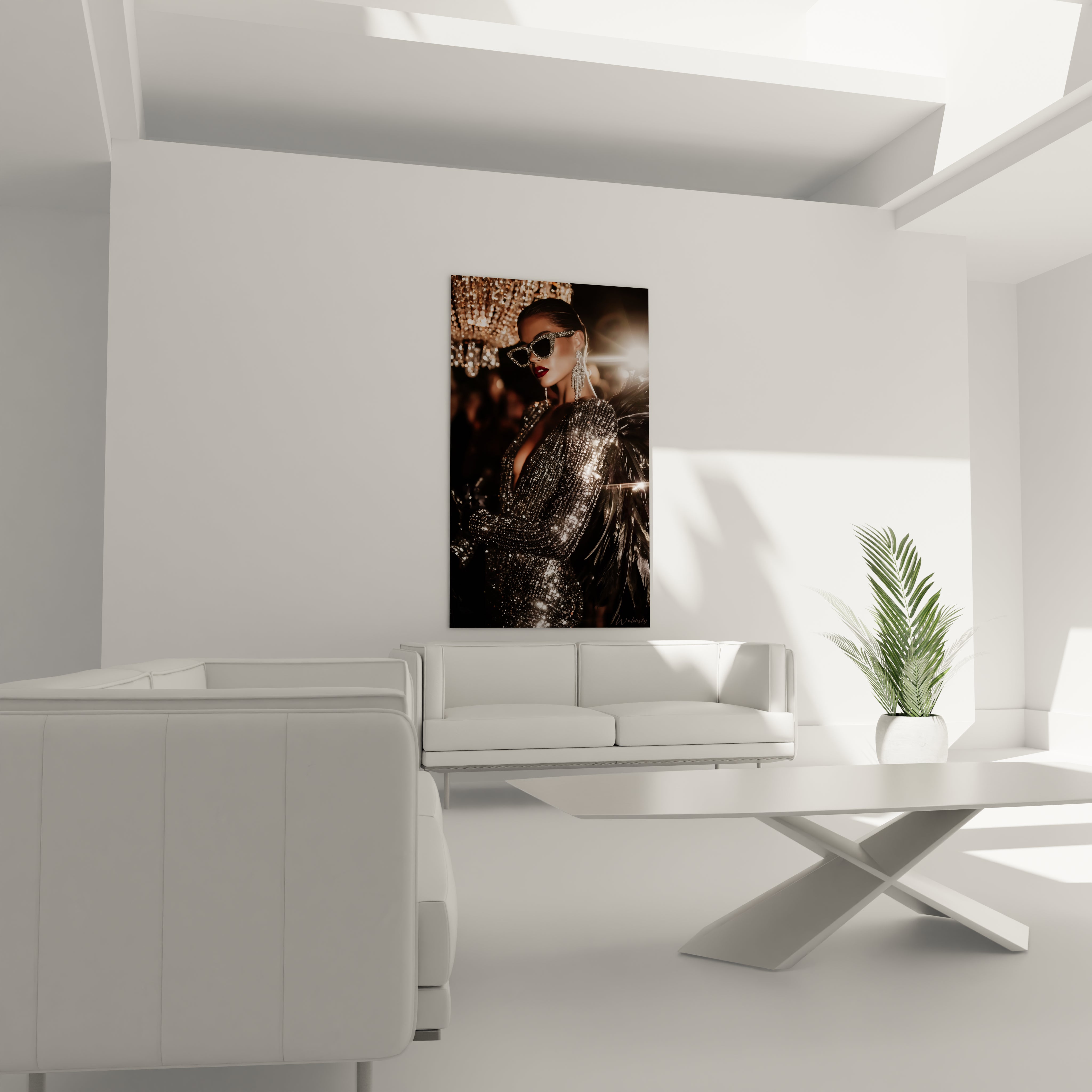 Tableau femme glamour haute couture sur mur dans un salon moderne avec mobilier design