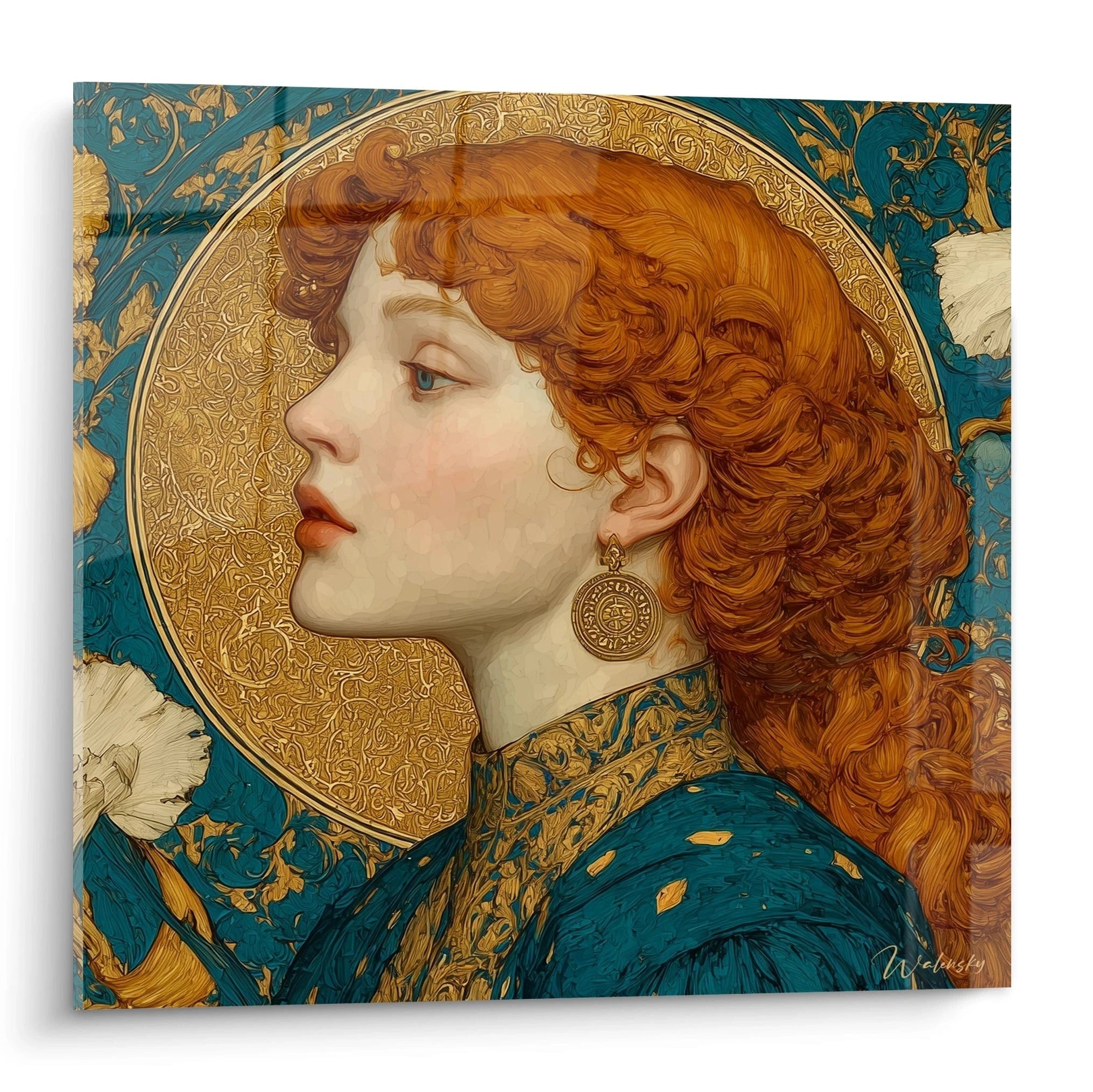 tableau femme art nouveau Walensky tableau mural toile portrait profil femme rousse avec aureole doree et motifs floraux bleus