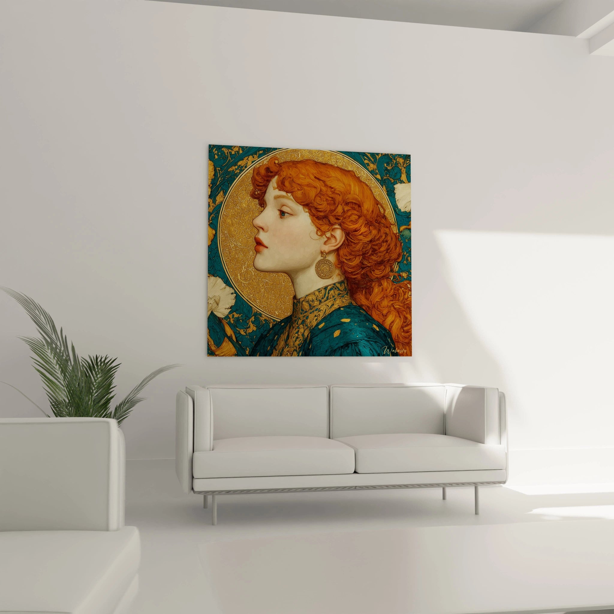 Tableau mural Walensky tableau femme art nouveau portrait de femme rousse au halo dore au dessus d un canape blanc minimaliste