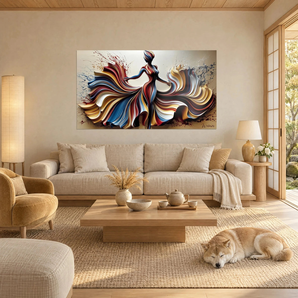 Quadro ballerina con abito vorticoso rosso bordeaux e blu, gonne ondulate color avorio, Shiba sdraiato, sopra un divano in un soggiorno luminoso
