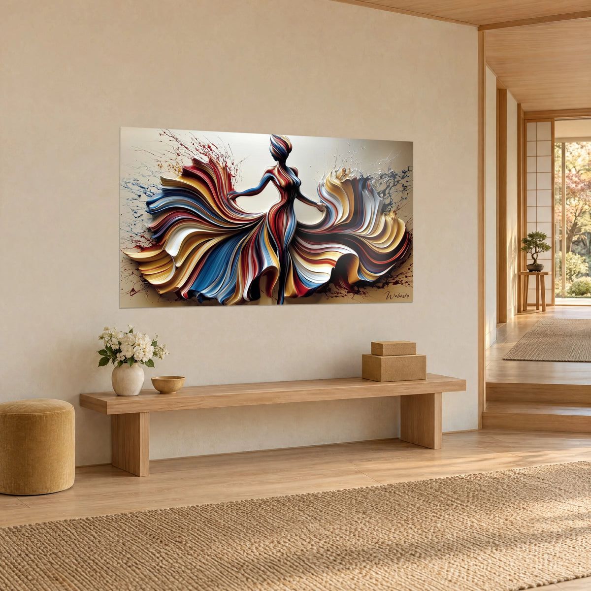 Cuadro silueta femenina envuelta en remolinos rojo carmín y dorado, salpicaduras azul marino, pared beige, vista de tres cuartos, banco de madera