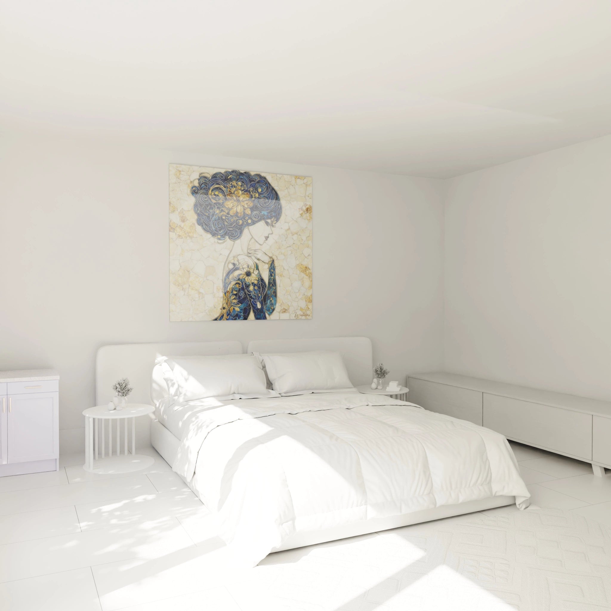 Tableau femme doré de Walensky illustrant une femme élégante dans une chambre moderne