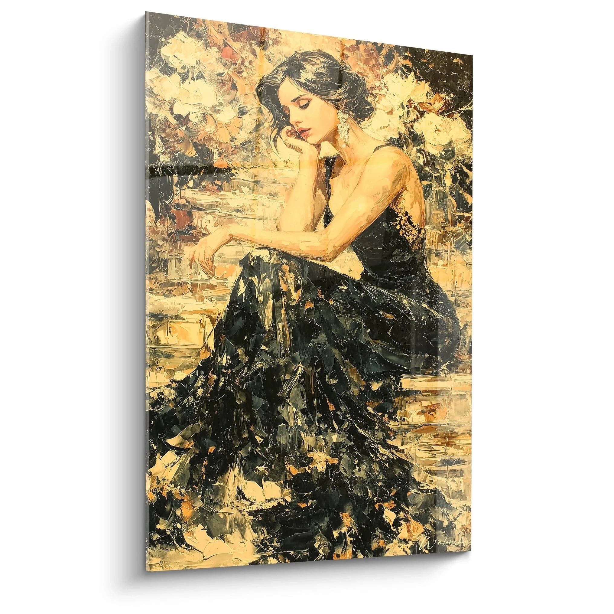 Walensky tableau femme gothique peinture murale d'une femme élégante en robe noire assise, style impressionniste