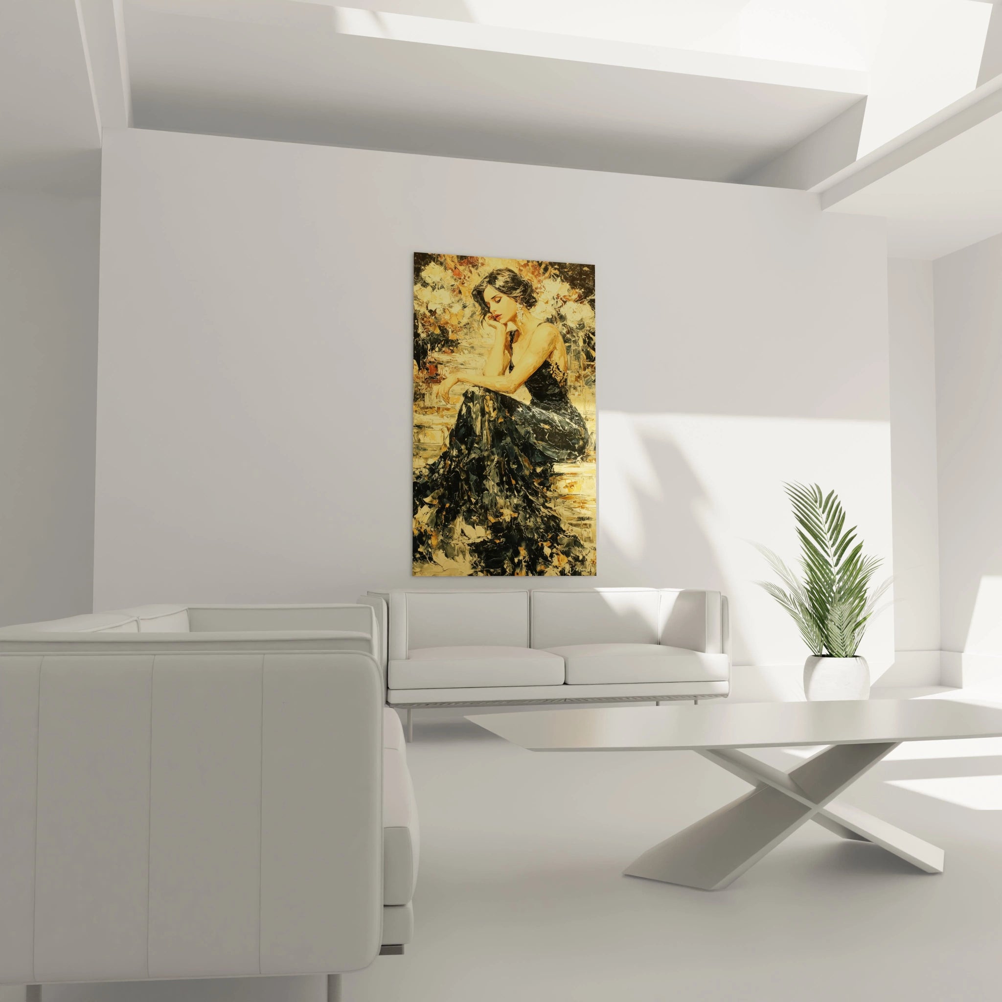 tableau femme gothique mural Walensky accroche au mur d un salon minimaliste blanc avec canape