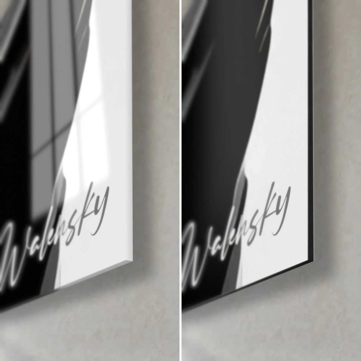 Cuadro de silueta elegante en blanco y negro, esquina inferior derecha: cristal acrílico brillante que refleja la luz, Dibond gris mate, firma Walensky