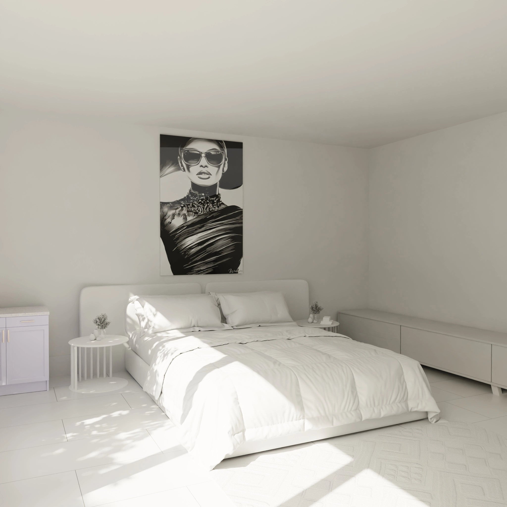 Tableau femme noir et blanc de Walensky accroché au mur d'une chambre moderne et lumineuse.