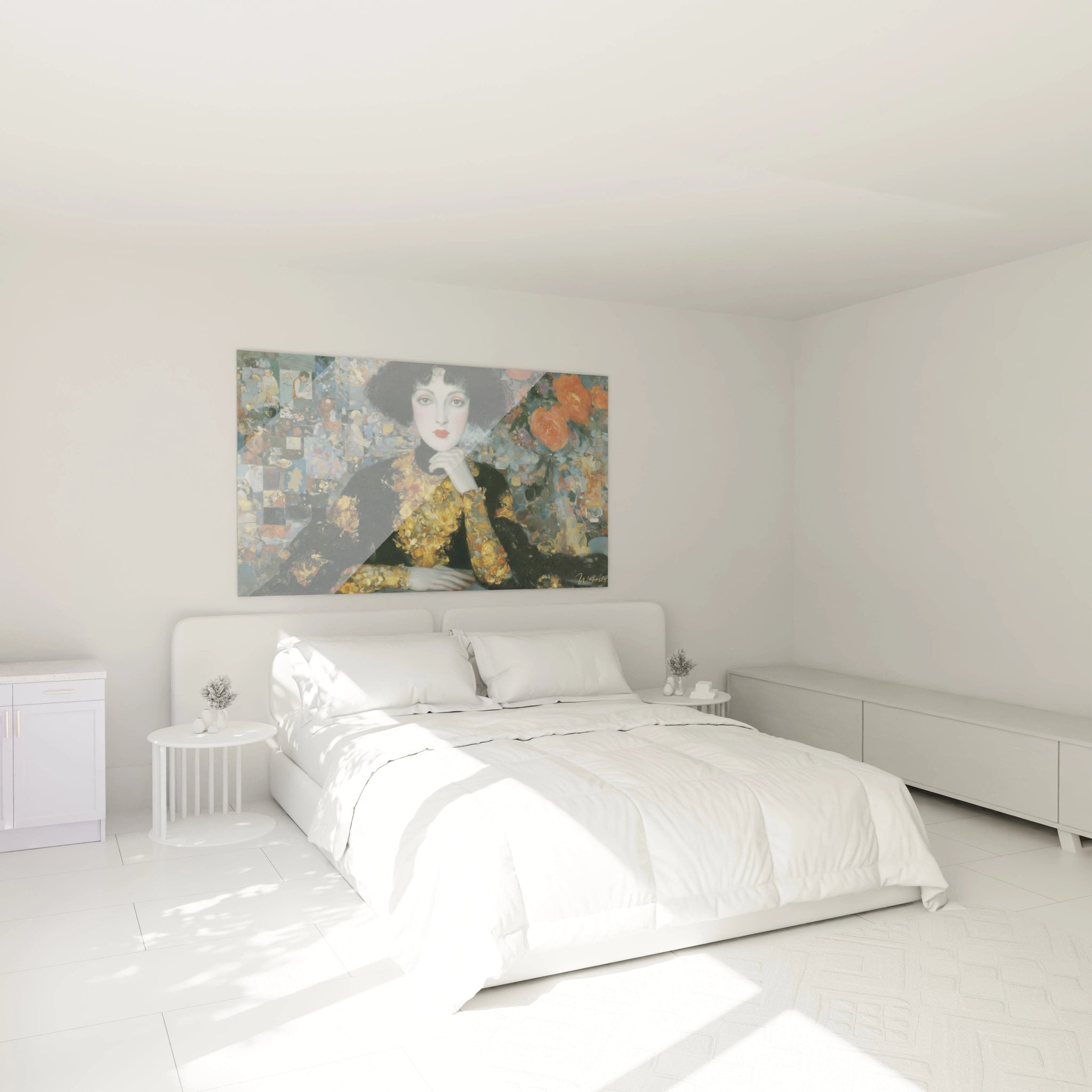 tableau femme symboliste Walensky accroché au dessus d un lit double dans une chambre blanche minimaliste