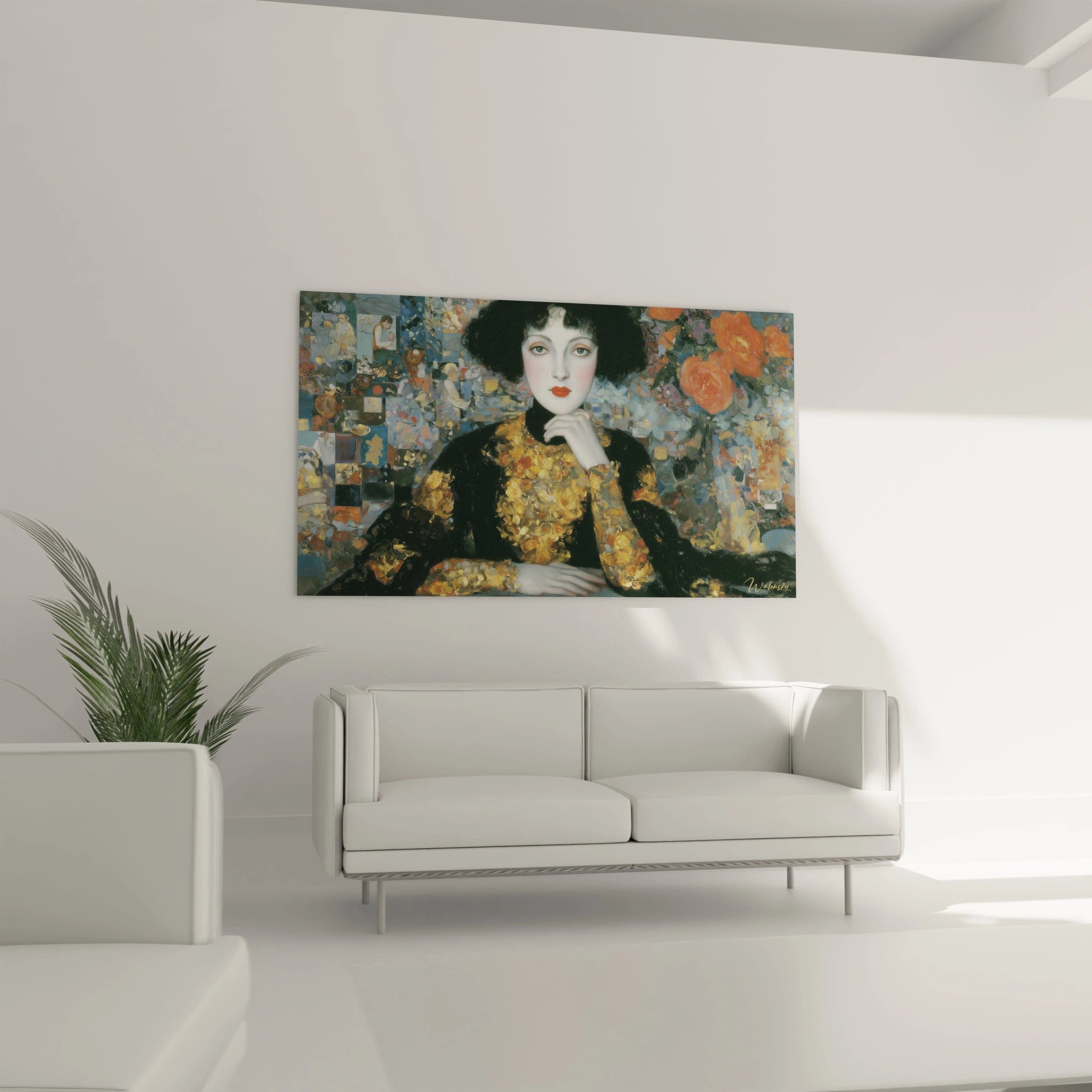 tableau femme symboliste Walensky accroché au mur du salon blanc portrait féminin élégant