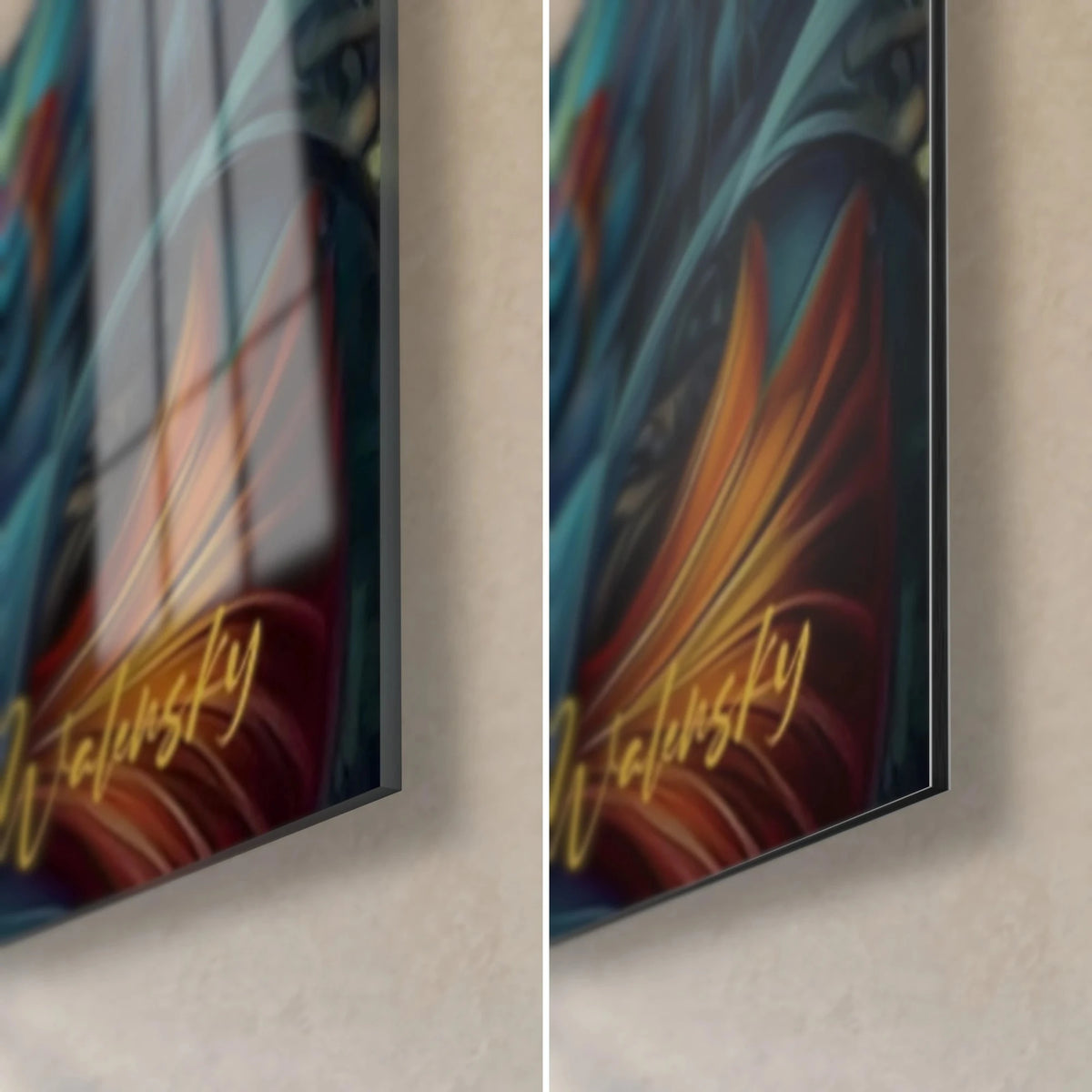 Tableau souveraine au plumage orange et bleu, signature dorée Walensky, coin bas droit en verre brillant et Dibond mat