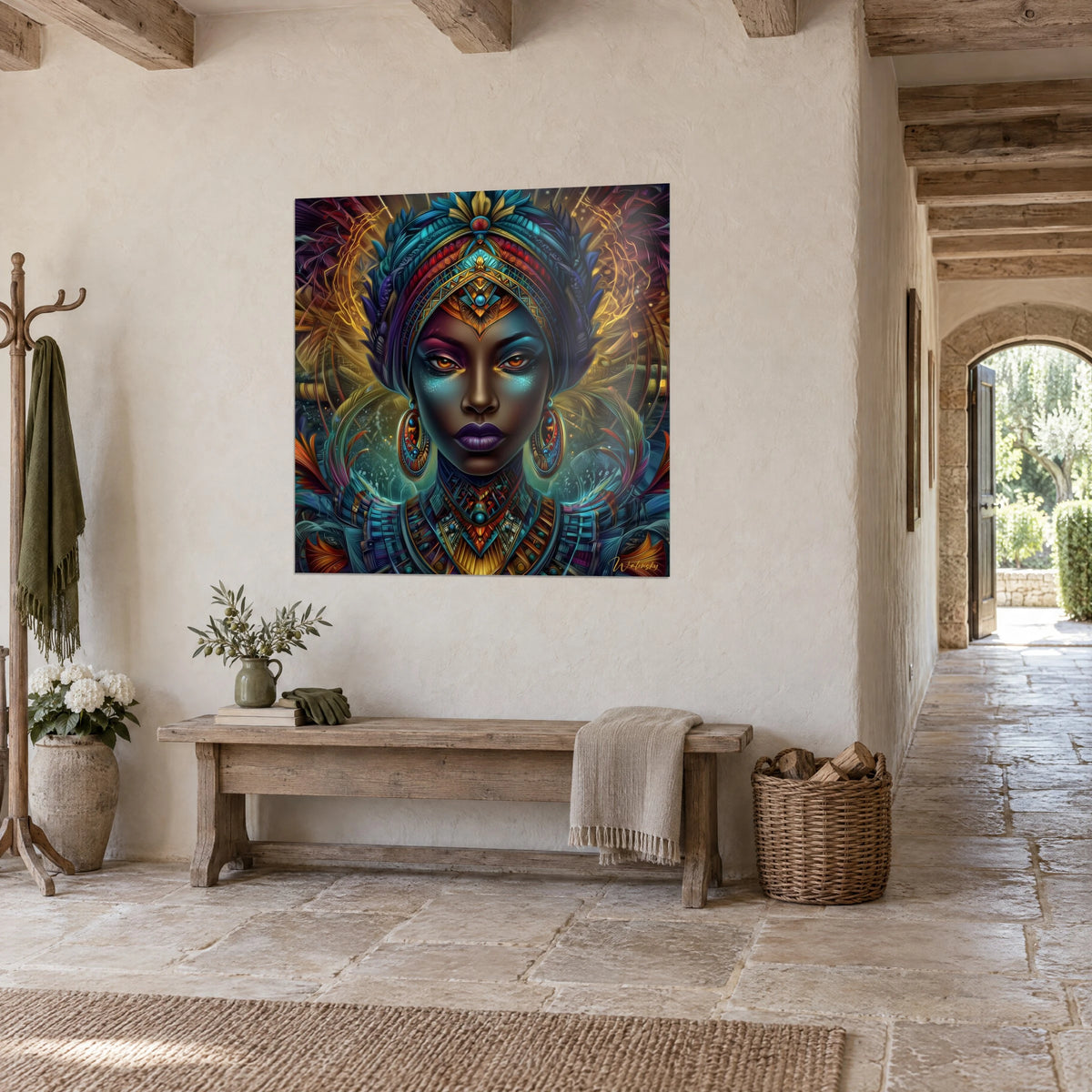 Cuadro retrato de emperatriz con ojos ámbar, pendientes rojos y turquesa, halo dorado, pasillo de piedra clara