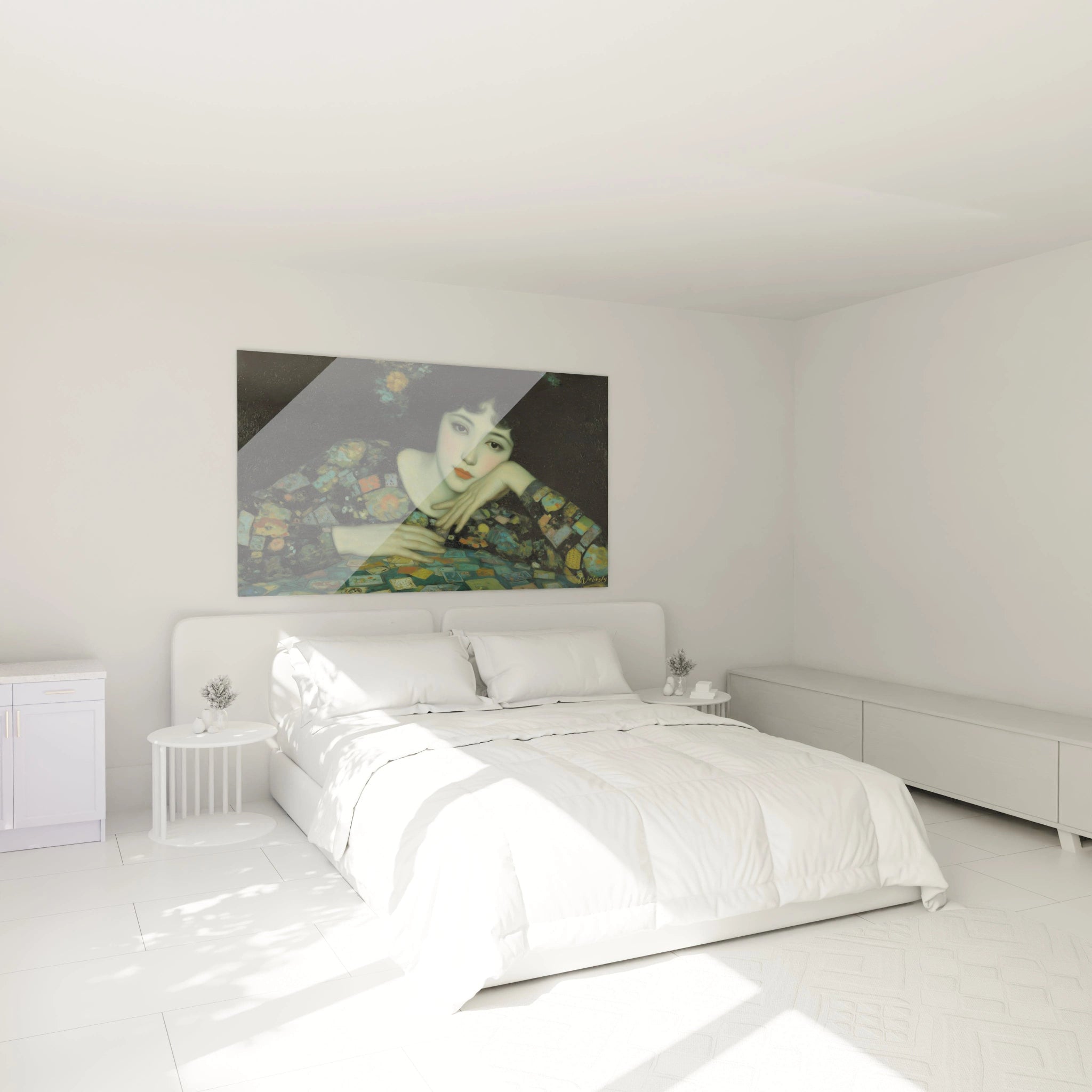 tableau femme symboliste Walensky mural portrait feminin reveur au dessus du lit dans chambre blanche minimaliste