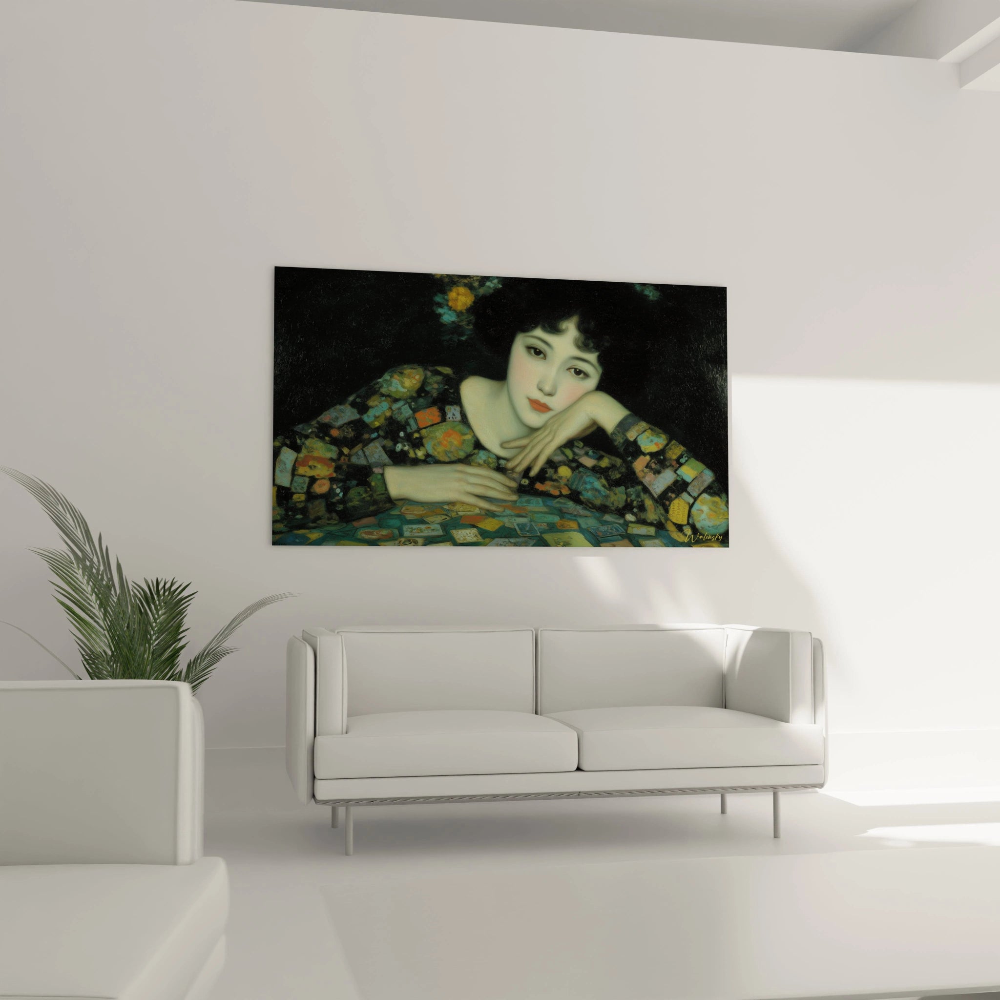 Tableau mural Walensky tableau femme symboliste portrait d une femme allongée aux motifs dorés et bleus