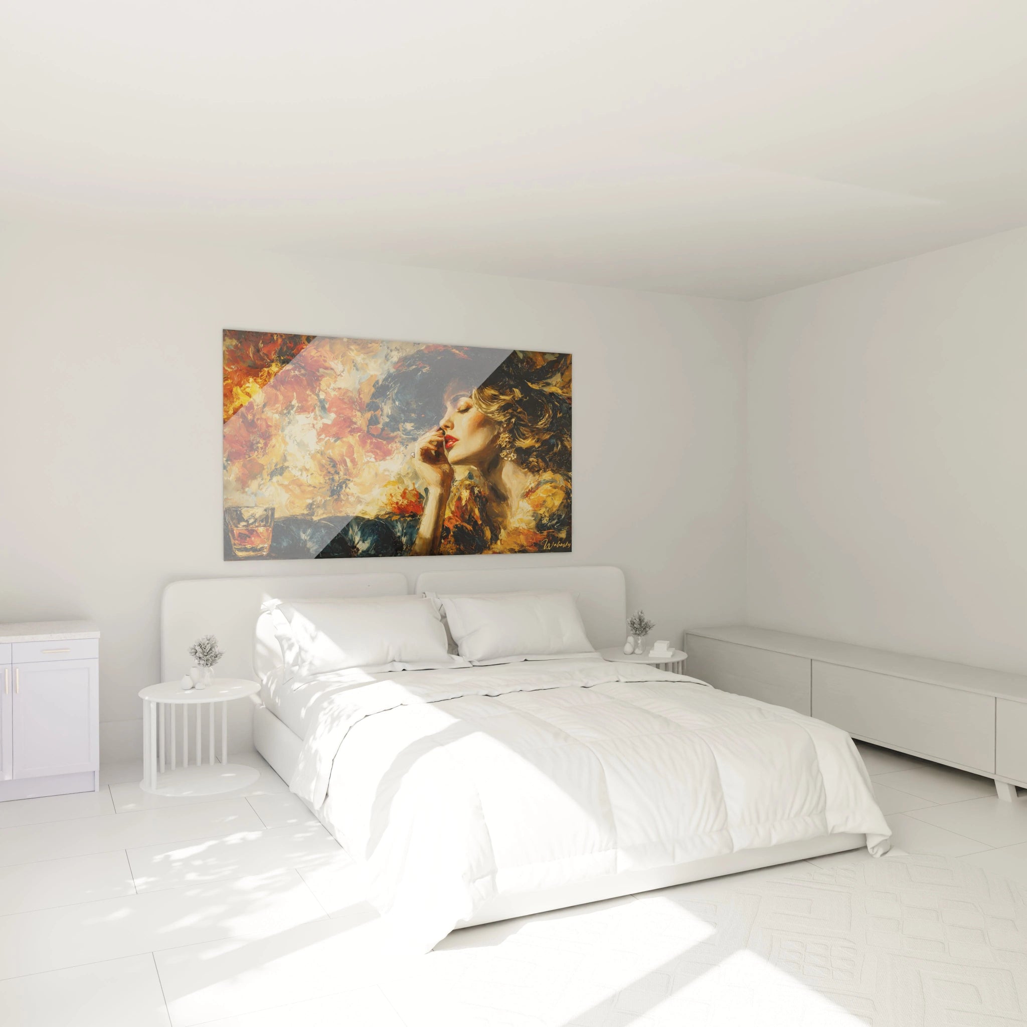 tableau femme lèvres écarlates par Walensky affiché au dessus d un lit blanc moderne portrait artistique coloré
