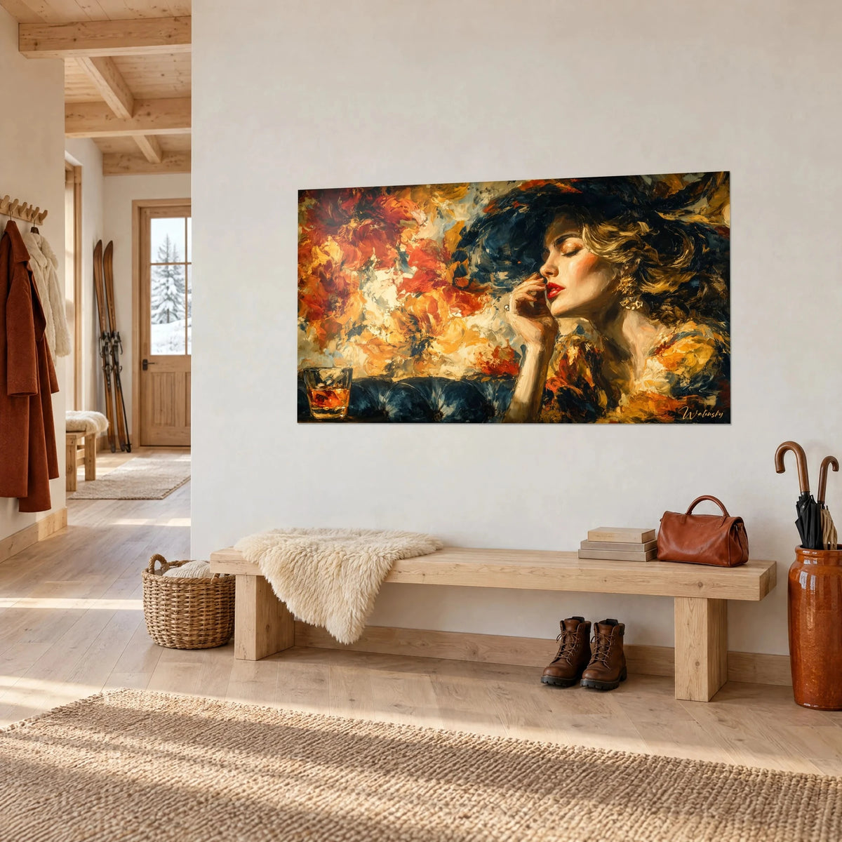 Tableau portrait baroque d'une élégante au rouge à lèvres écarlate, fleurs orange et bleu nuit, près d'un banc en bois d'un chalet