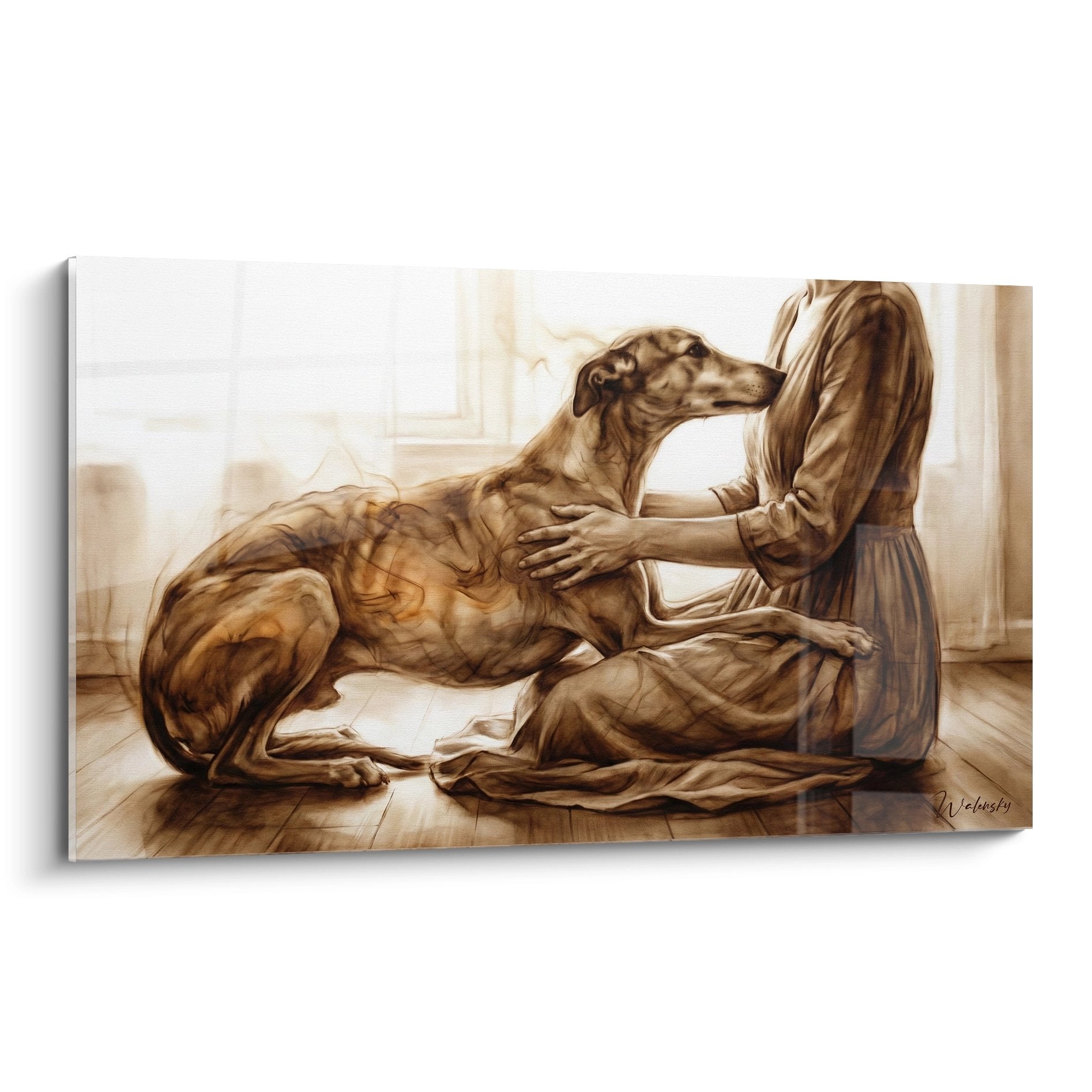 Tableau sépia montrant une femme caressant tendrement son lévrier greyhound dans un intérieur chaleureux