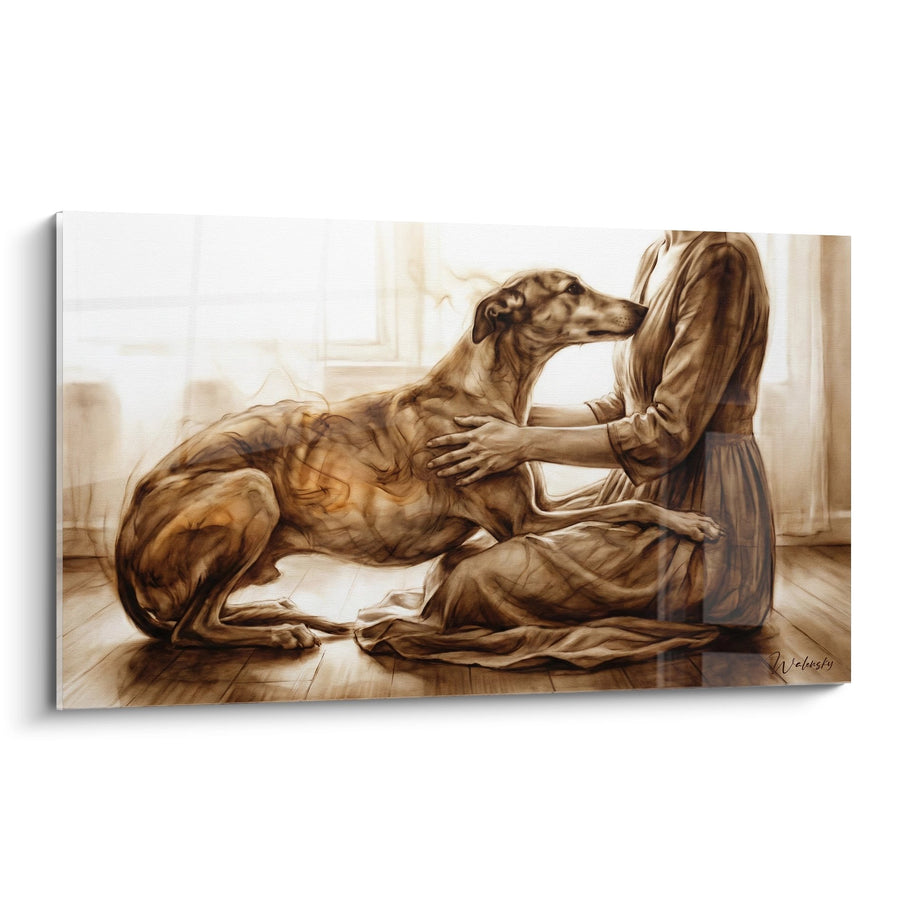 Tableau Femme et Lévrier Sépia - Complicité Tendre - Edition Lévrier Greyhound