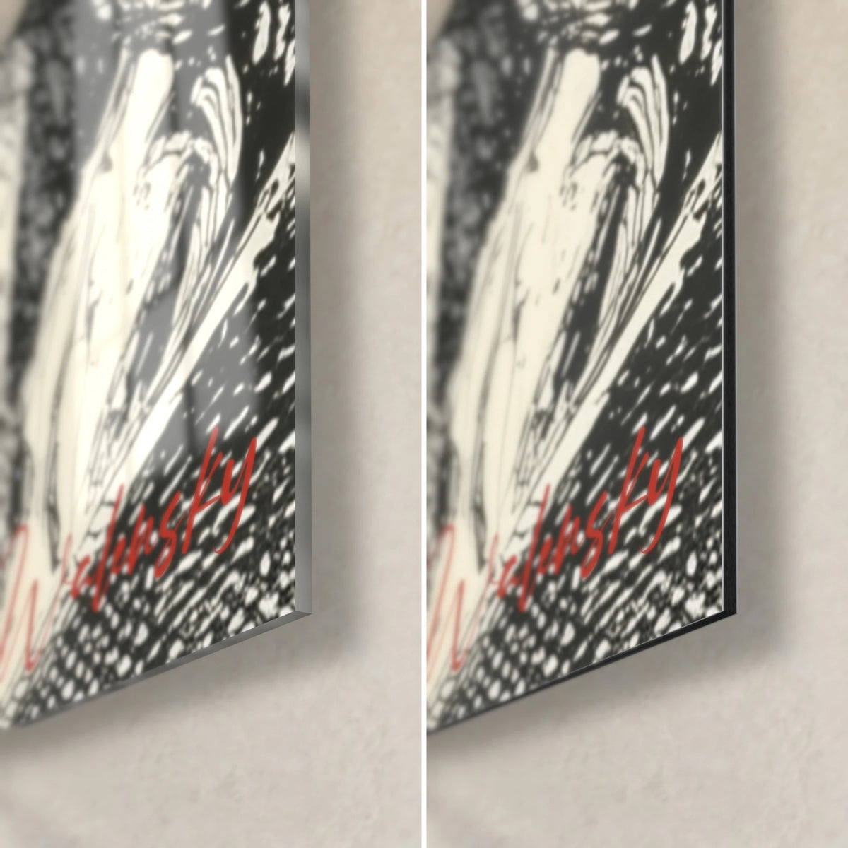 Cuadro perfil en trazos negros sobre marfil, esquina inferior derecha: cristal acrílico brillante y aluminio Dibond mate, canto de 3 mm
