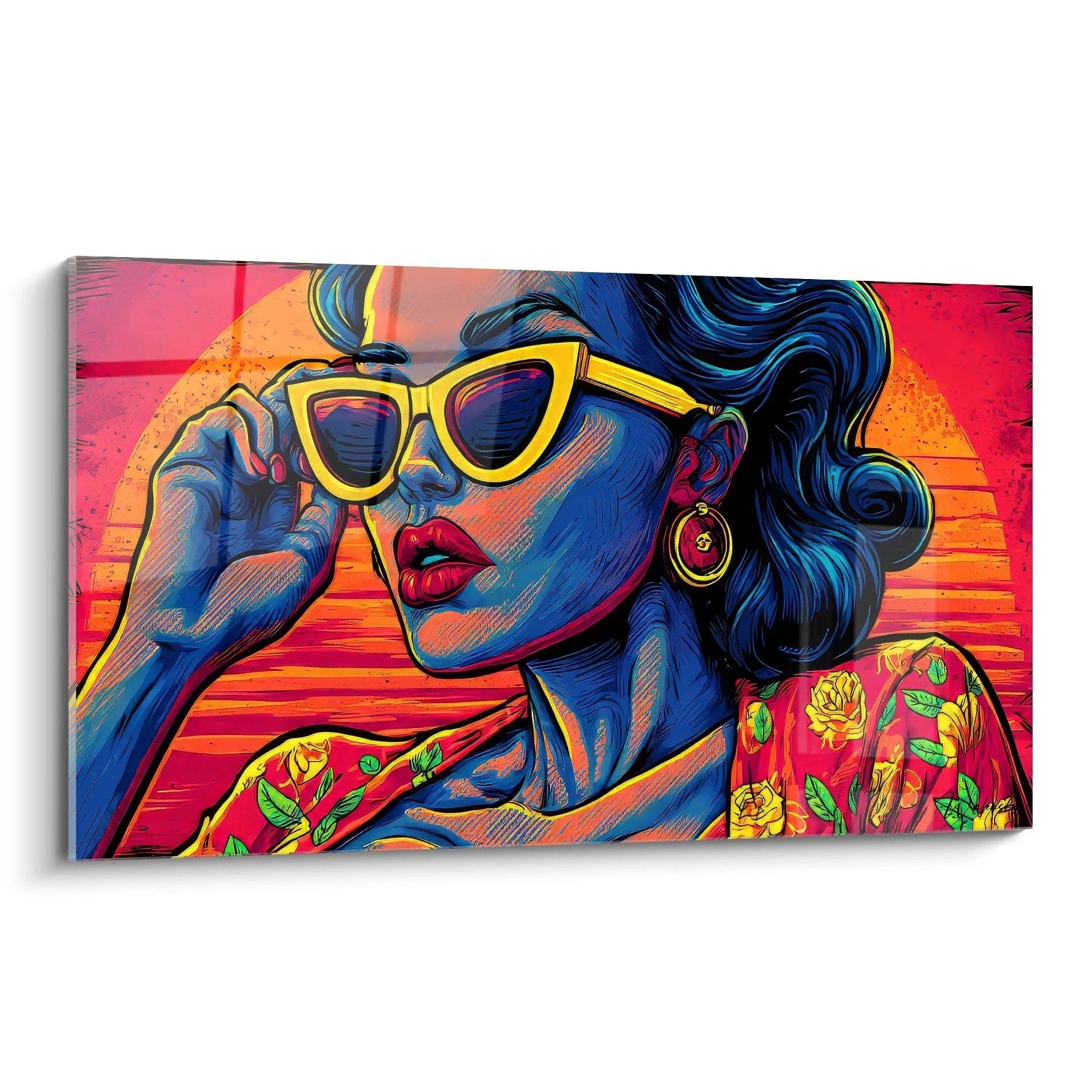 Tableau femme lunettes vintage avec style rétro et couleurs vives, illustration artistique murale