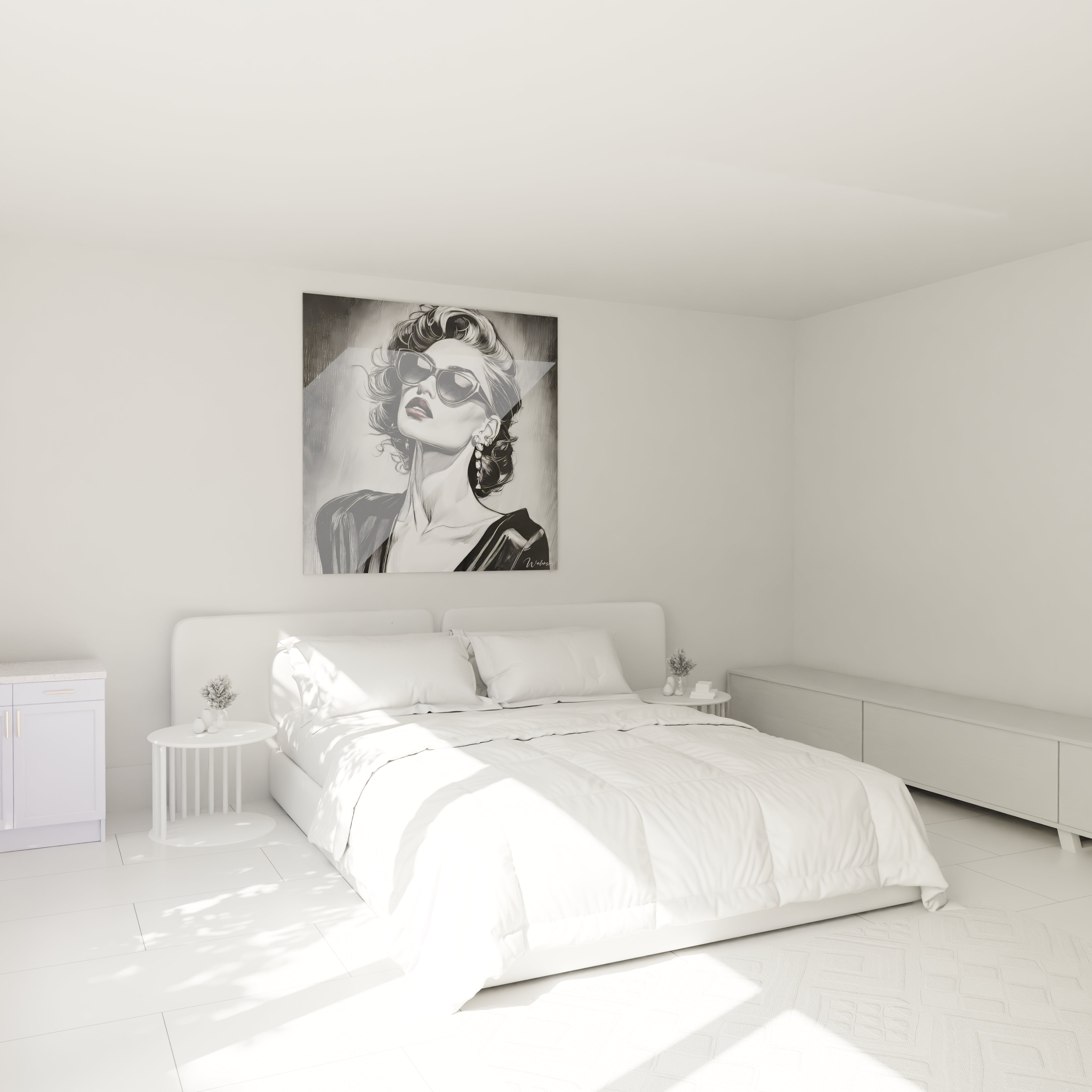 Tableau femme lunettes illustration en noir et blanc dans une chambre moderne et lumineuse