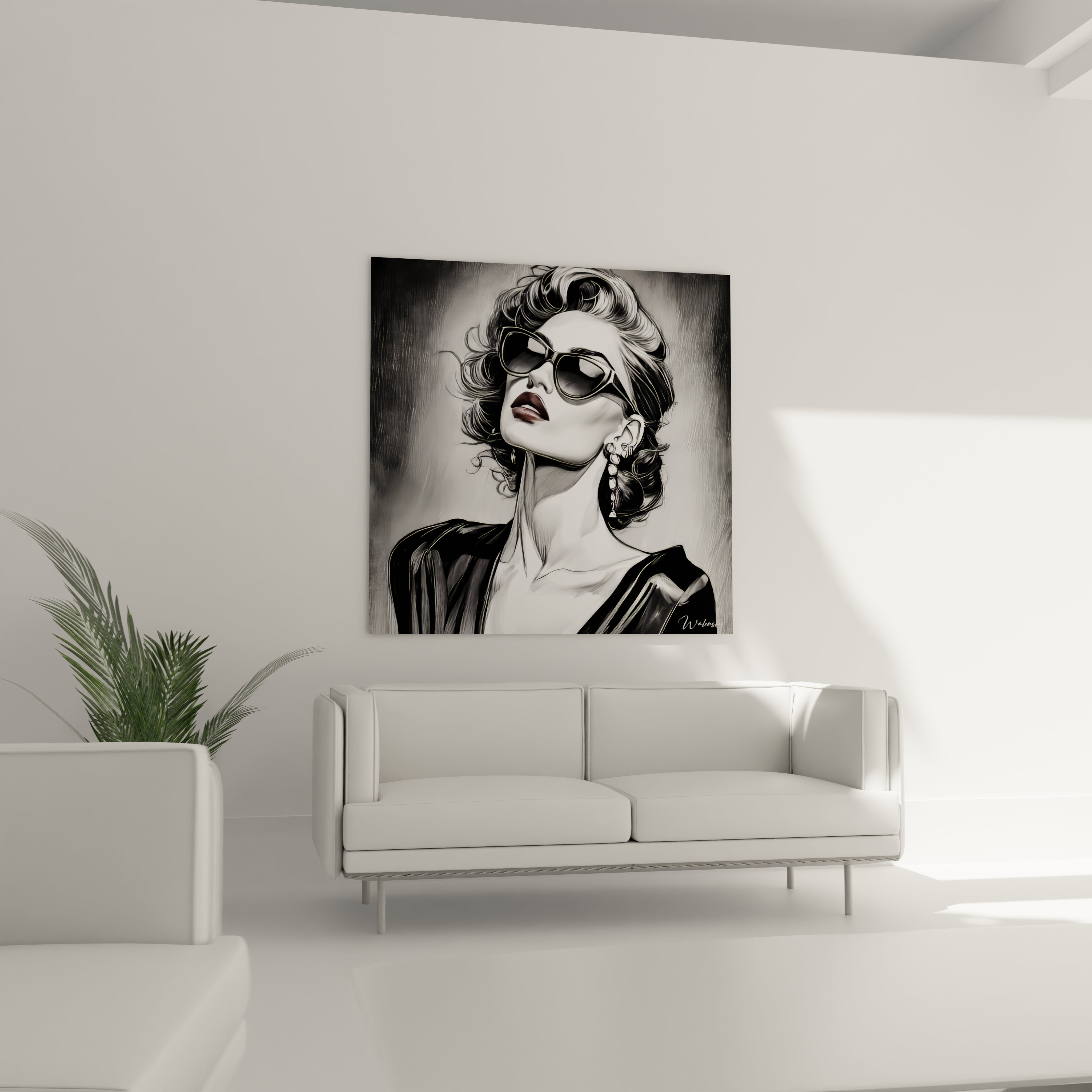 Tableau femme lunettes illustration en noir et blanc, ajoutant une touche artistique moderne à votre décor