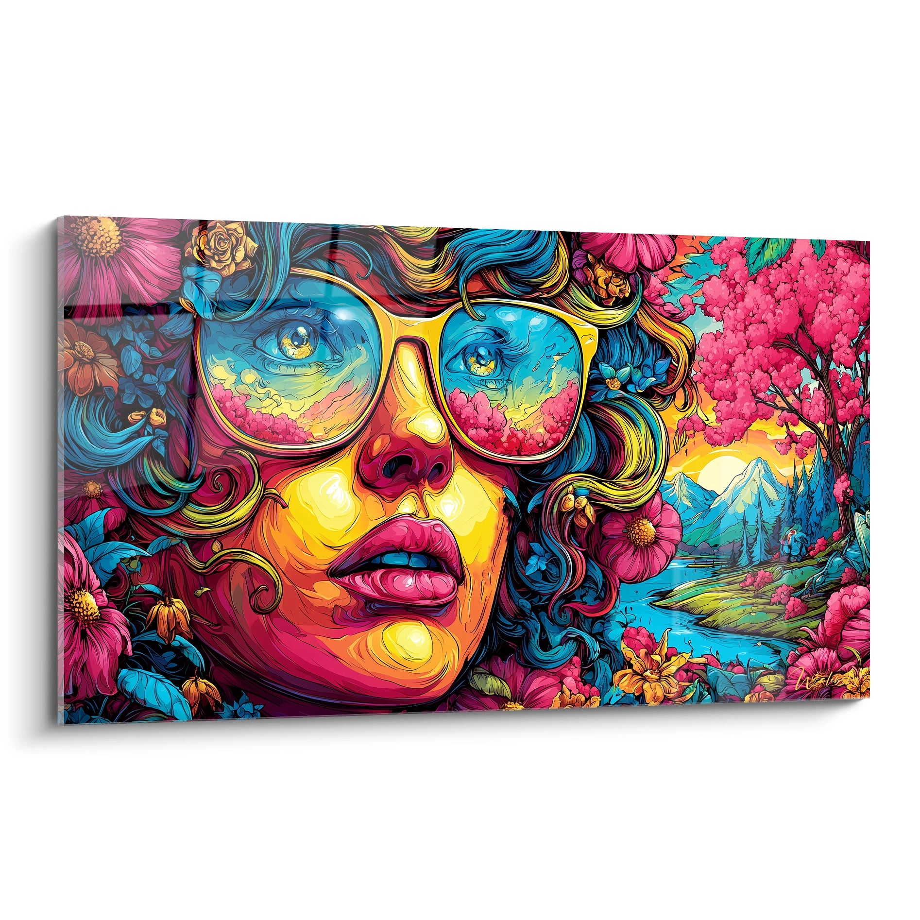 Tableau mural femme lunettes psychédélique avec reflets floraux et couleurs vibrantes art contemporain
