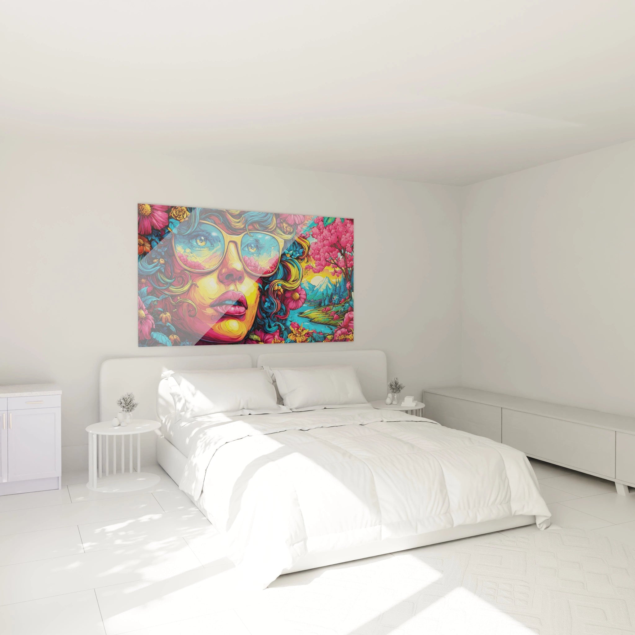 Gros plan tableau portrait femme lunettes reflets floraux roses art psychédélique contemporain détaillé