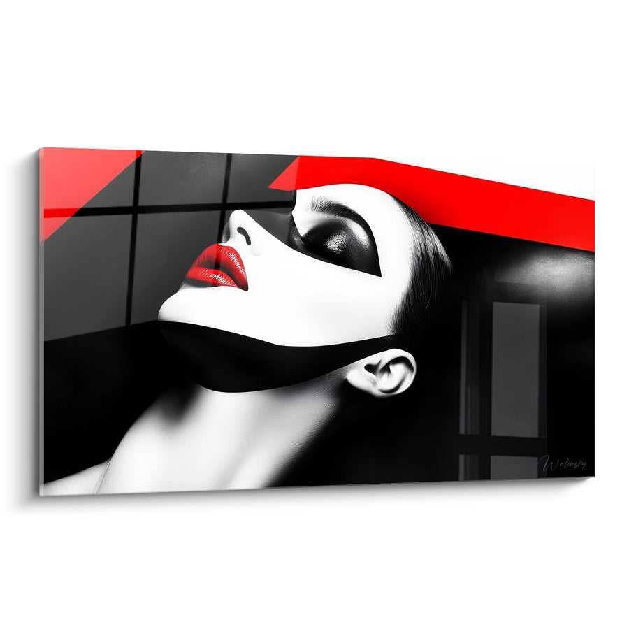 Tableau femme masquée rouge et noir - Mystère Élégant - édition visage de la mode