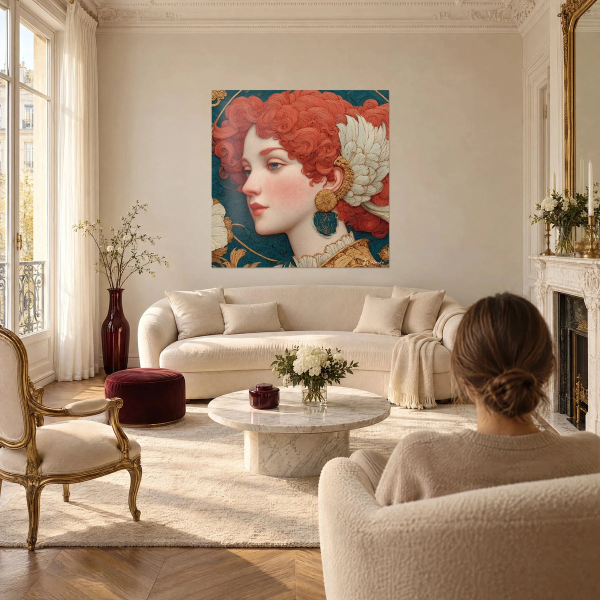 Wall art portrait of a woman with copper curls and an ivory wing, teal blue background, hanging above a sofa in a bright living room
