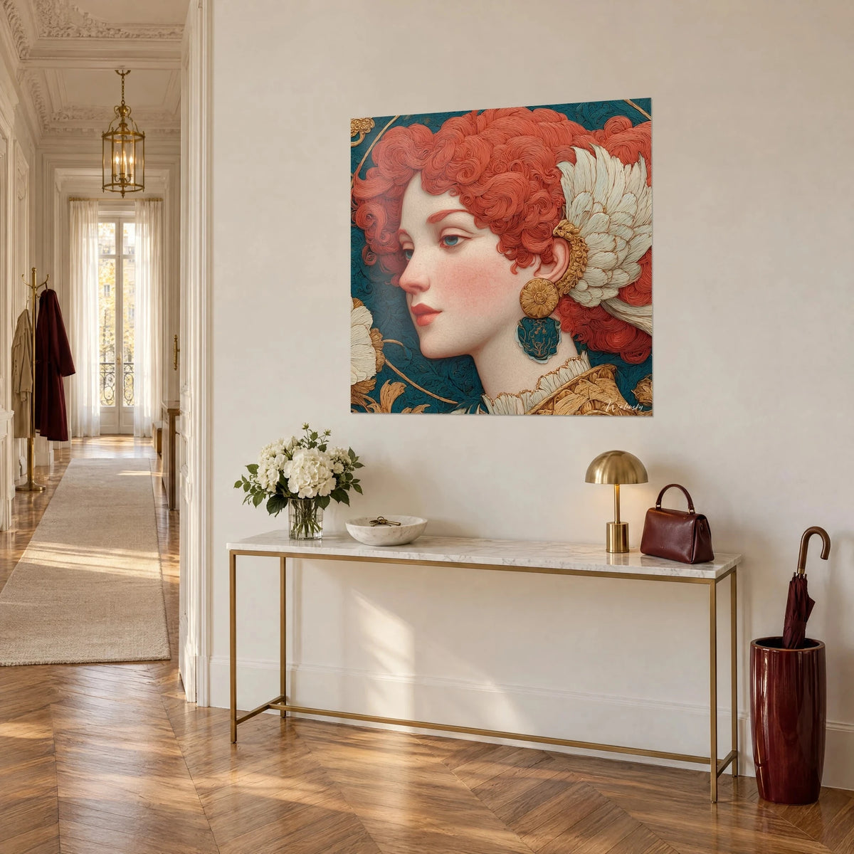 Wall art profile of a redhead with pearlescent skin, gold earring and petrol blue patterns, on a cream wall in a Haussmann-style entrance hall
