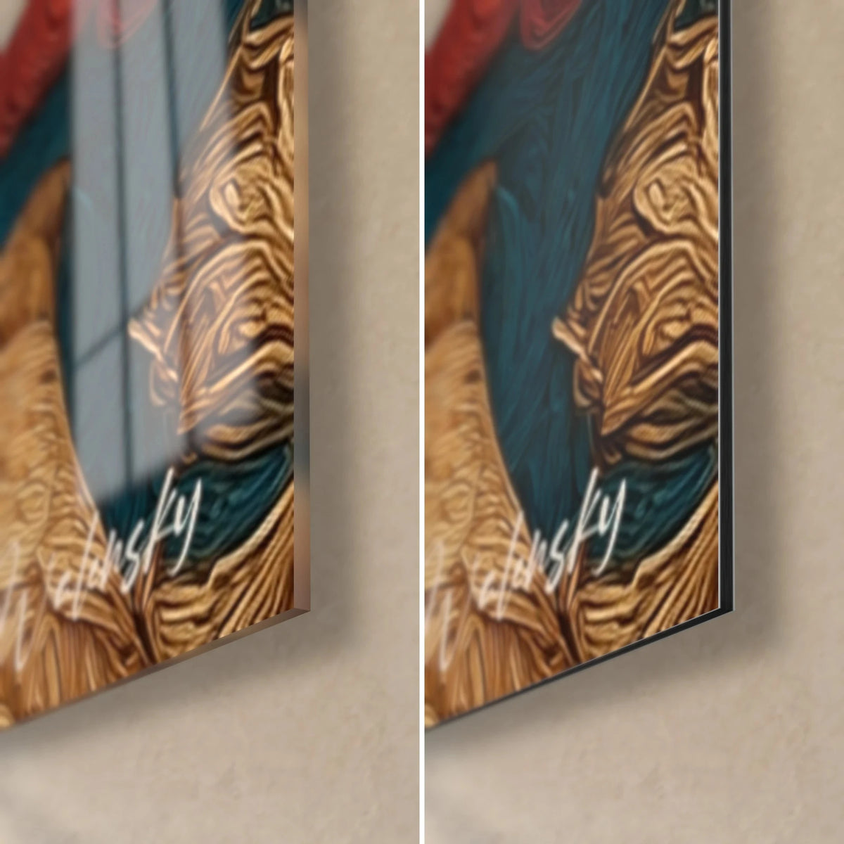 Wall art young redhead, lower right corner: glossy acrylic glass reflecting light, matte Dibond aluminium and 3 mm edge