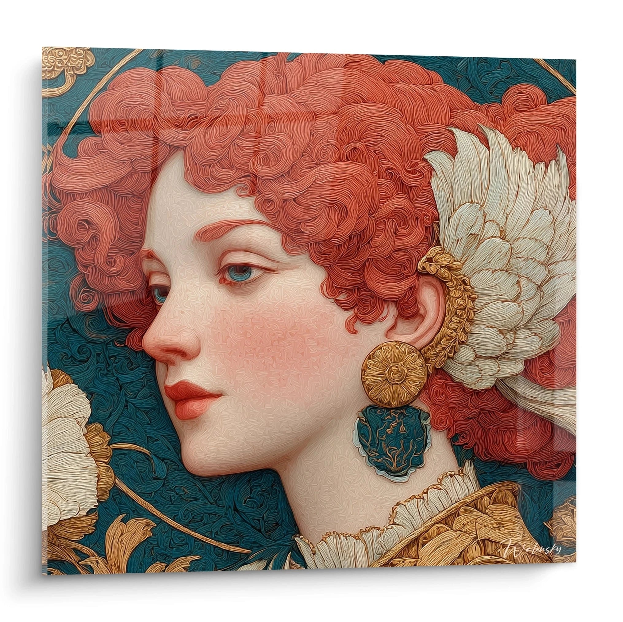 Walensky tableau art nouveau femme tableau mural profil de femme aux cheveux roux boucles et bijoux dores sur fond floral