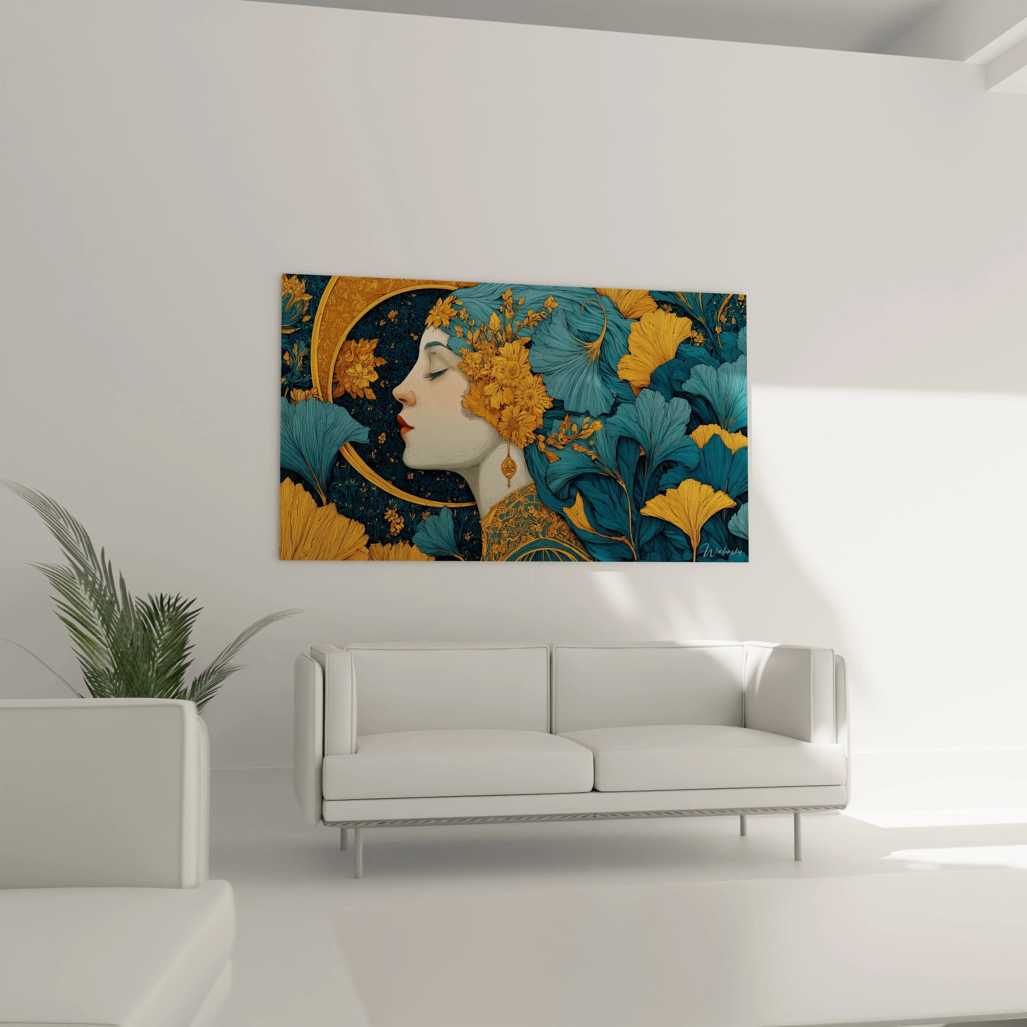 tableau femme méditation dorée Walensky mural profil féminin or et fleurs turquoise art décoratif