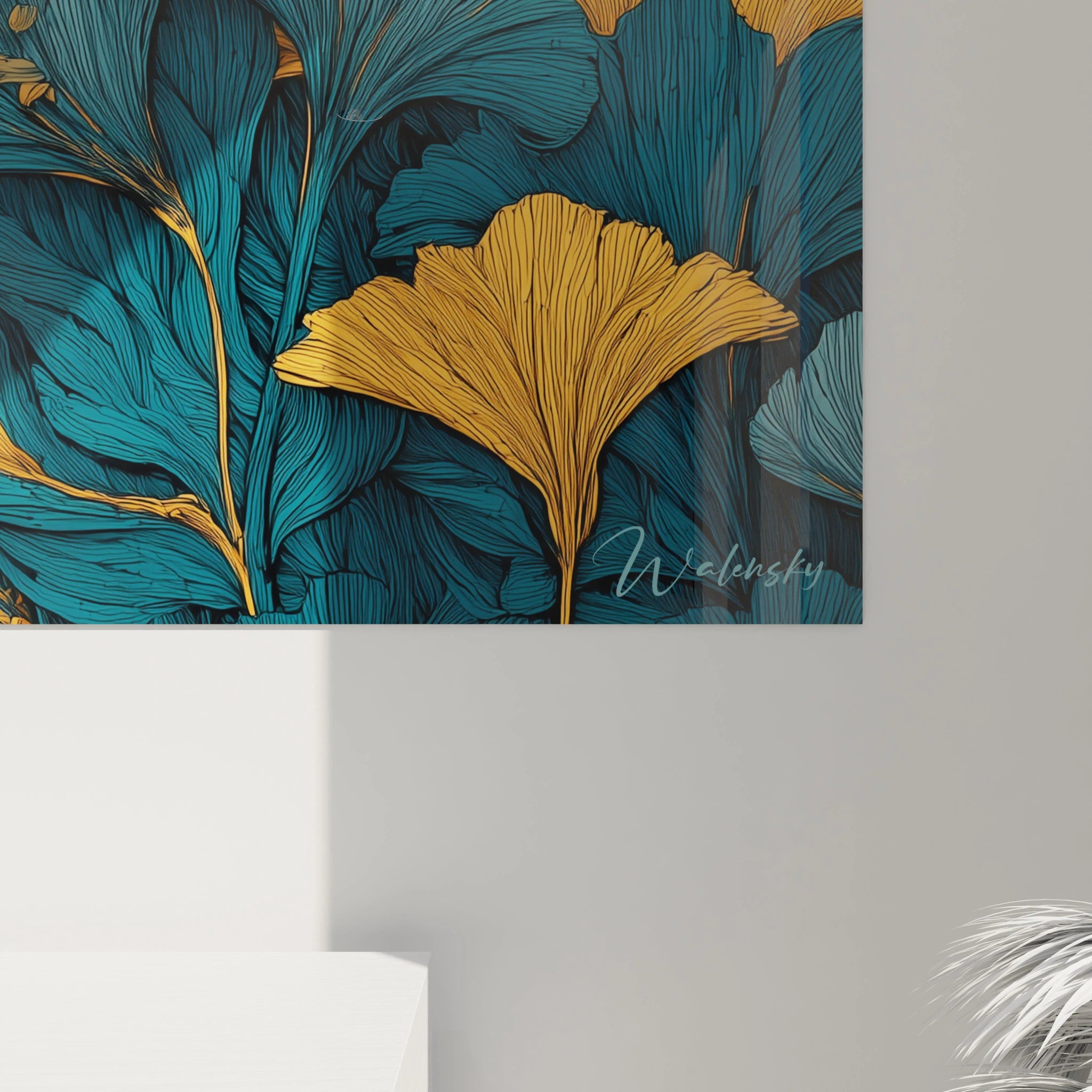 tableau femme méditation dorée Walensky tableau mural botanique feuilles ginkgo bleu canard et or