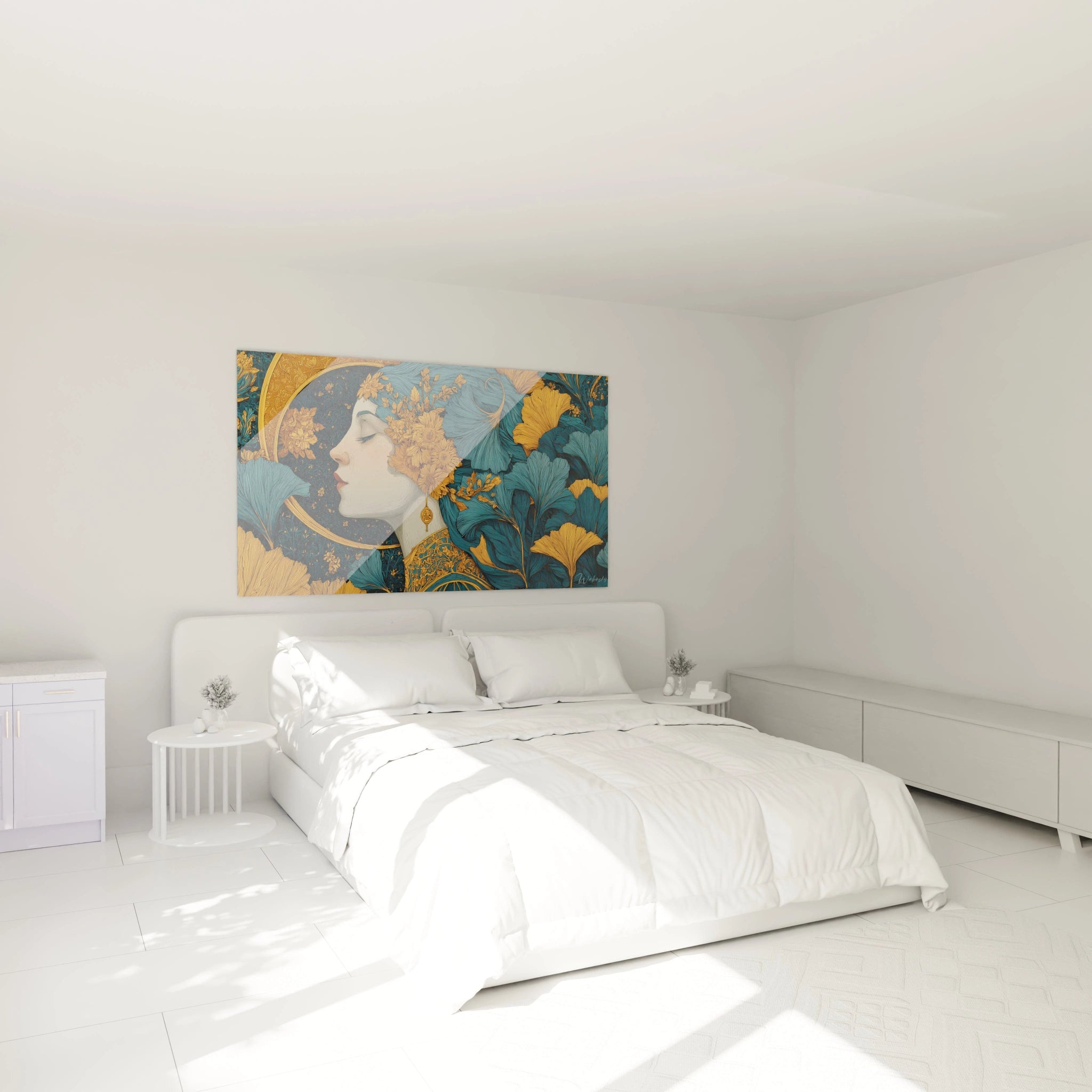 Walensky tableau femme méditation dorée affiché au dessus d un lit dans une chambre blanche minimaliste
