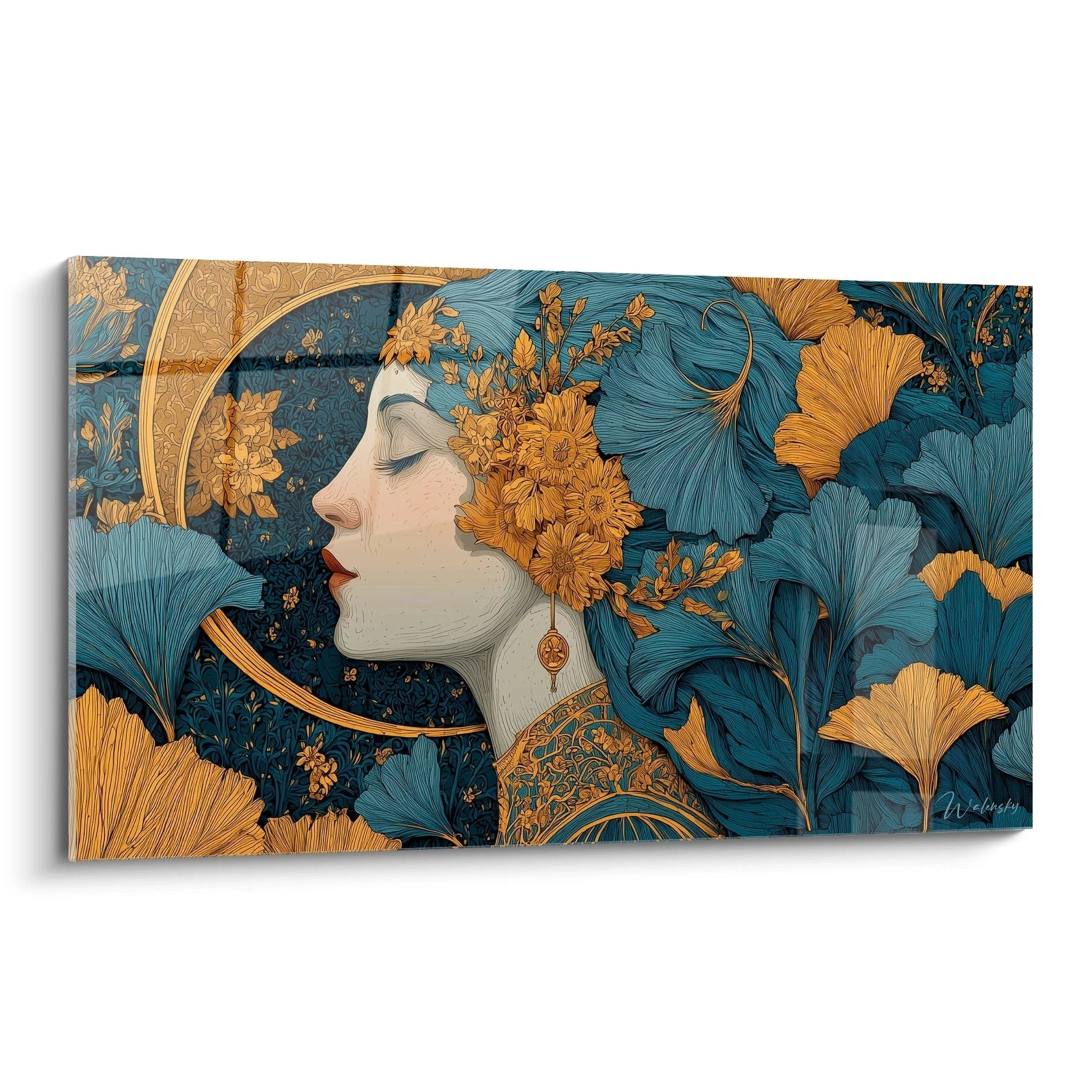 Walensky tableau femme méditation dorée profil féminin aux fleurs dorées et feuilles bleu vert pour décoration murale