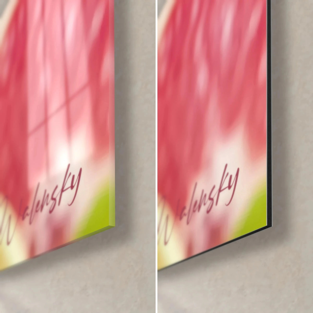 Tableau femme au chapeau lilas, coin bas droit : verre acrylique brillant à gauche, alu Dibond noir mat à droite, signature Walensky rose