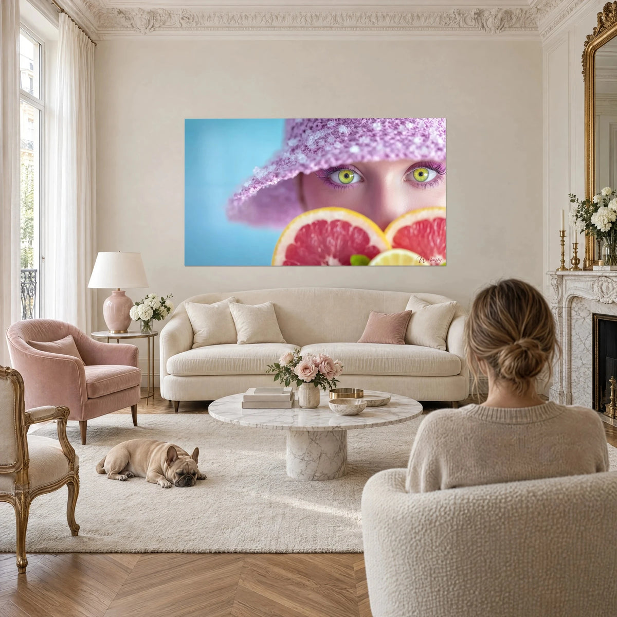 Tableau regard vert anis sous chapeau lilas en crochet, pamplemousse rose en bas, fond bleu ciel, au-dessus d'un canapé dans un salon lumineux