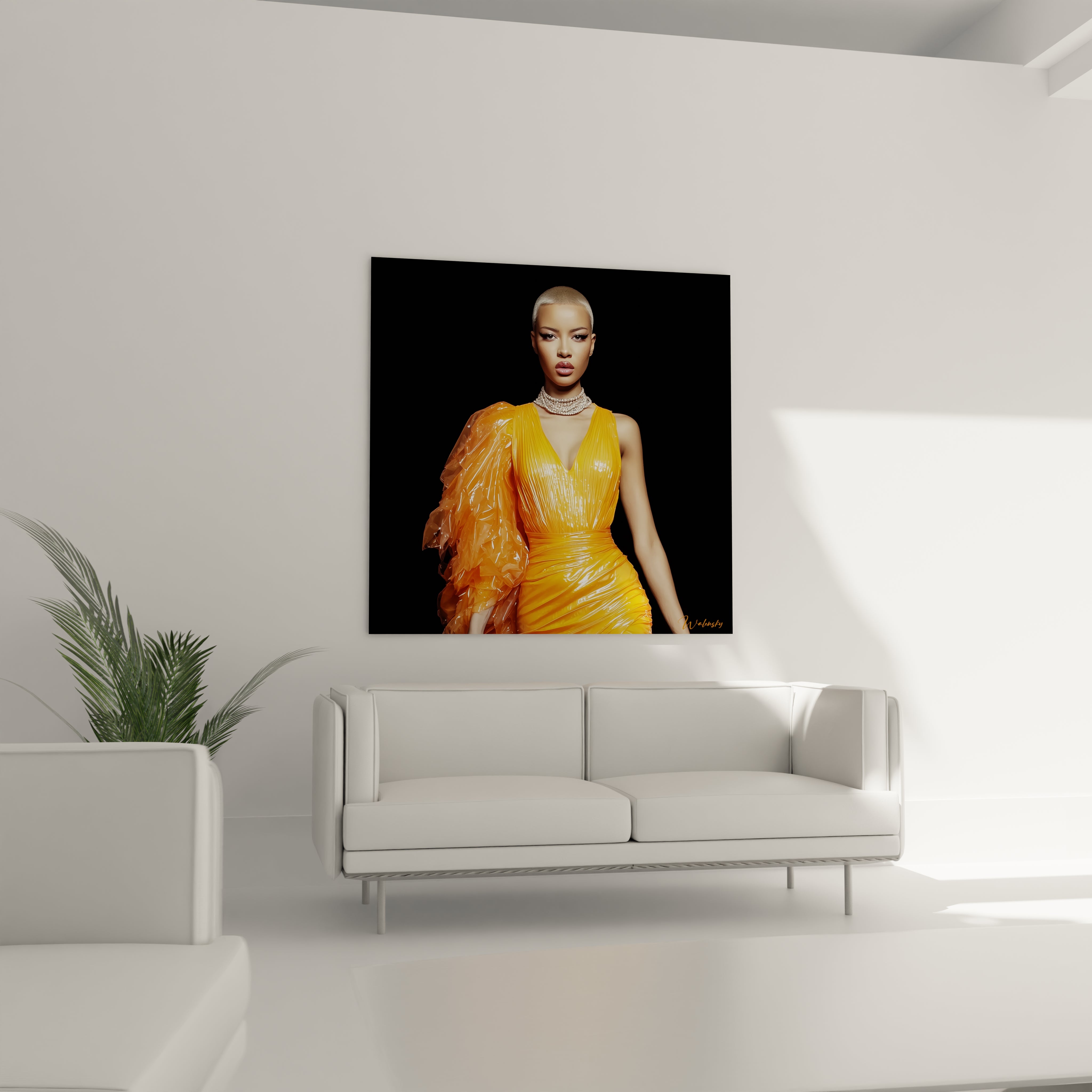 Tableau femme mode glamour avec une modèle en robe jaune vif dans un décor moderne