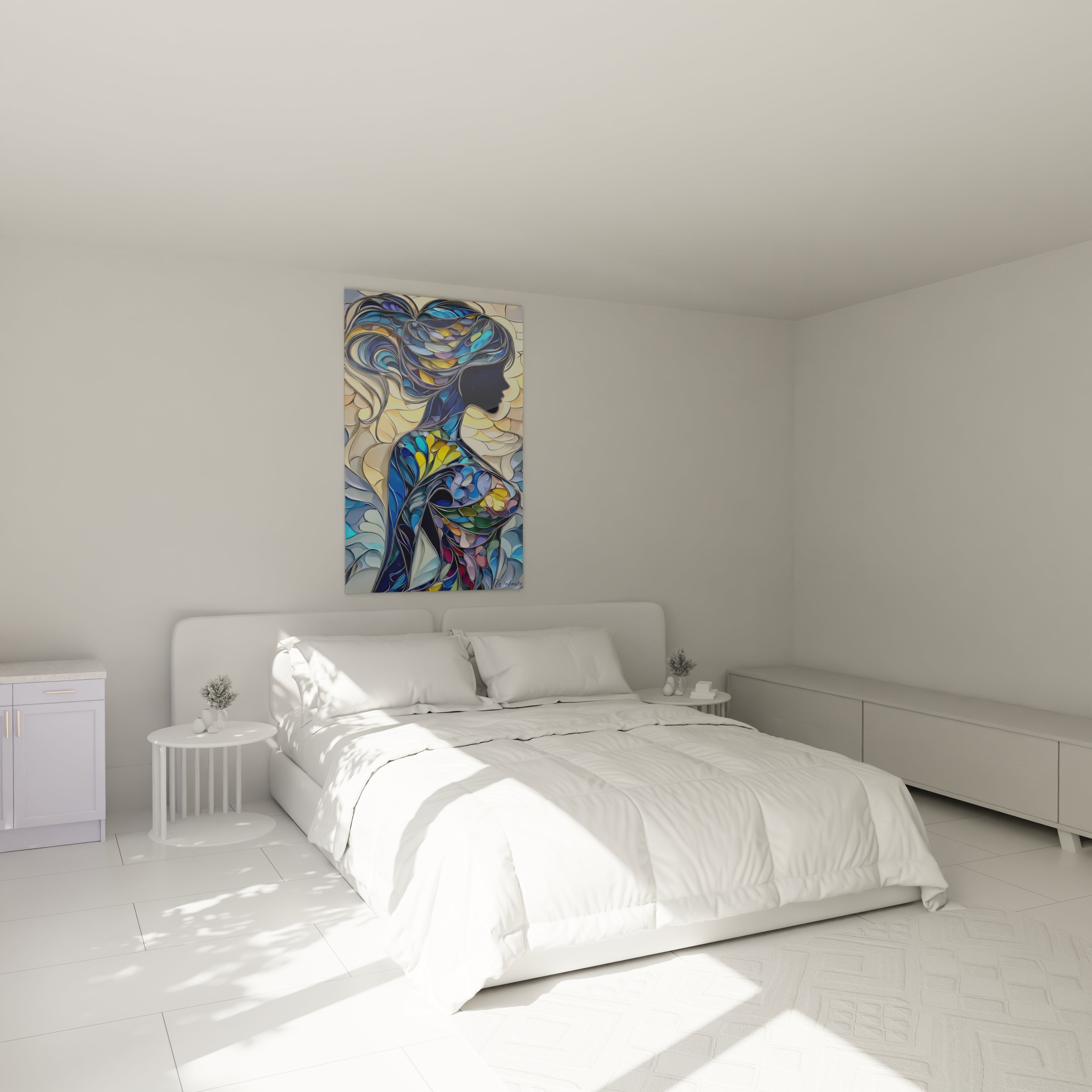 Tableau femme moderne de Walensky avec des motifs colorés, parfait pour décorer une chambre.