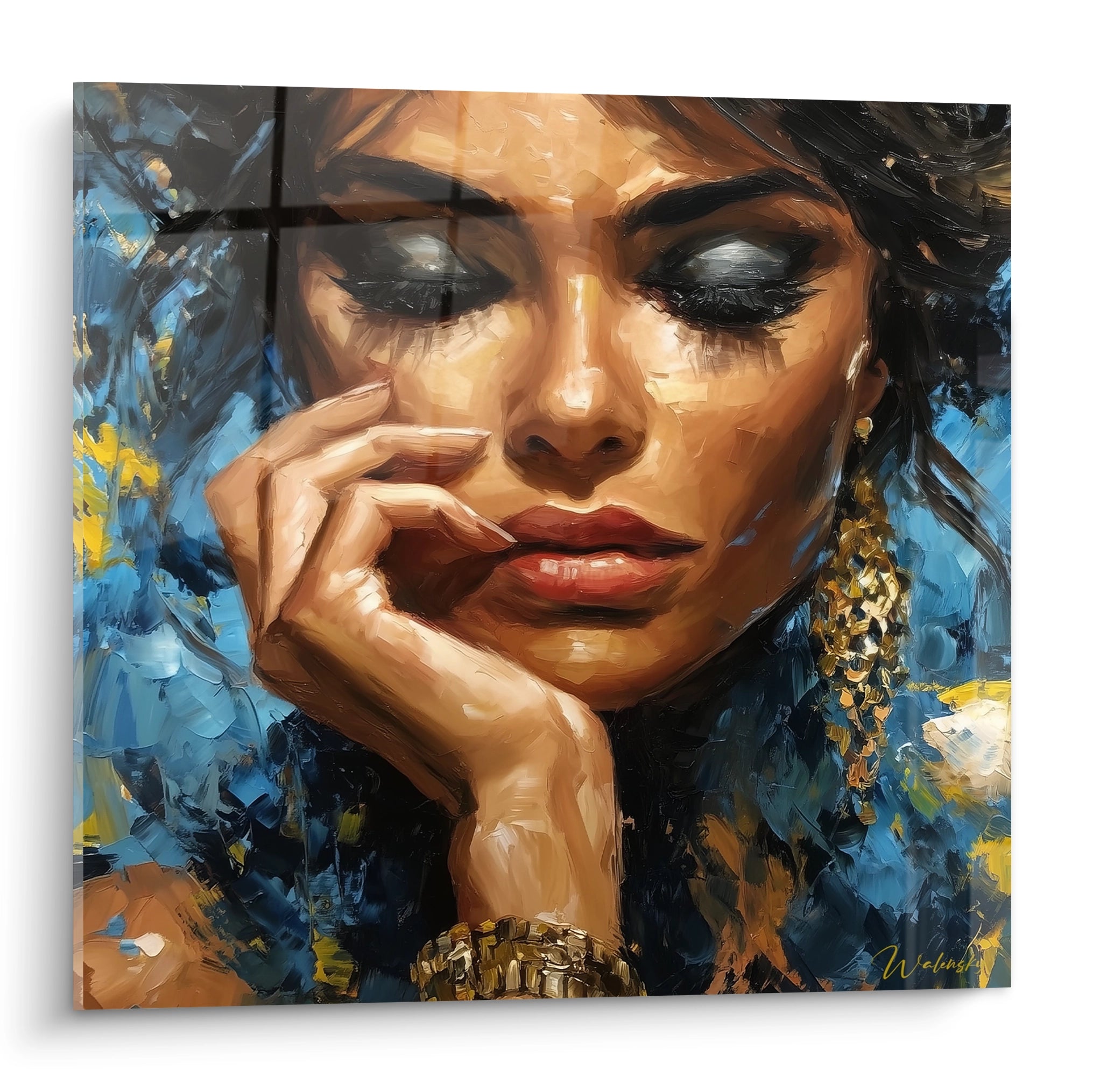 Tableau femme moderne de Walensky représentant un portrait artistique d'une femme avec un fond coloré