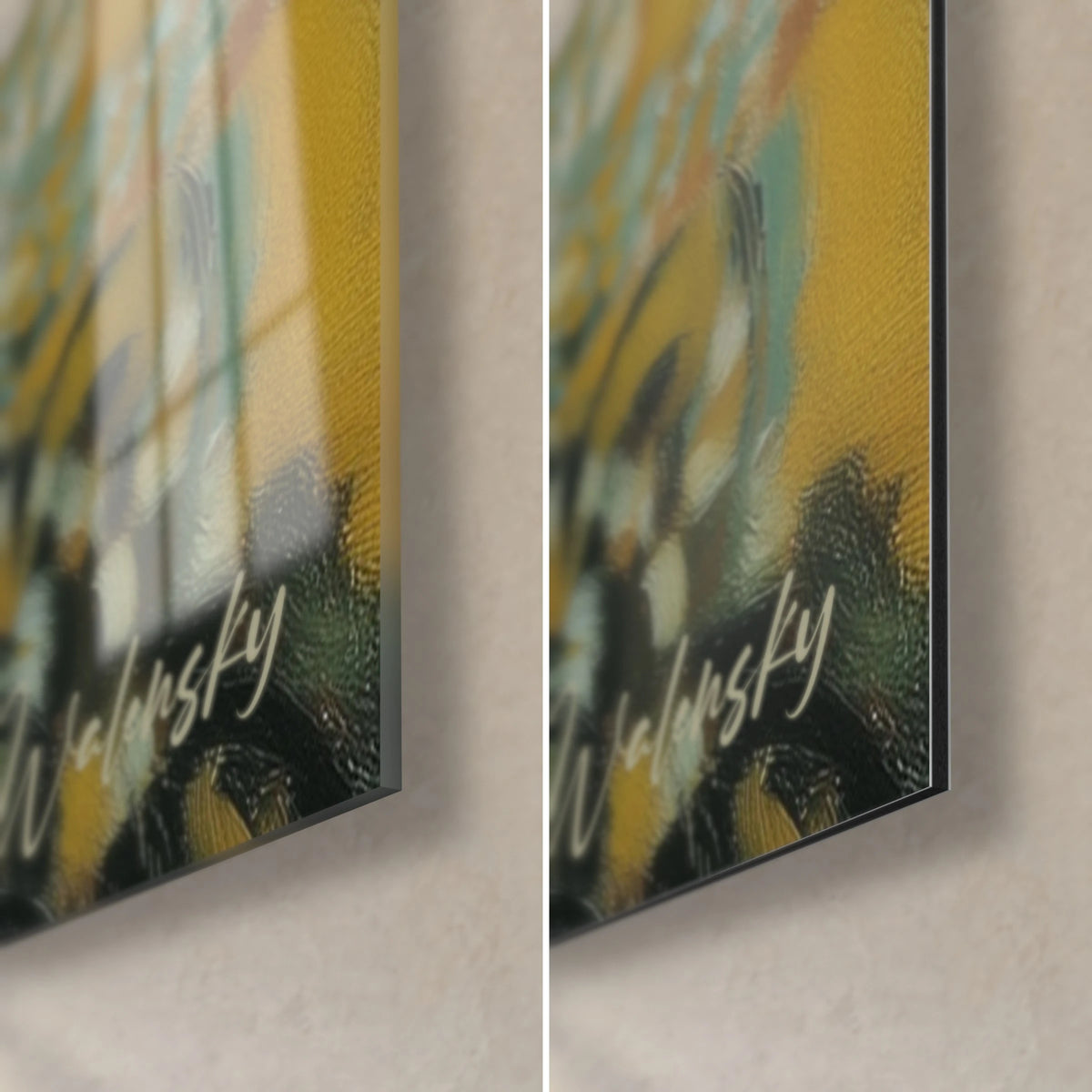 Gemälde einer Dame mit schwarzer Halskette, untere rechte Ecke: glänzendes Acrylglas links, mattes Dibond-Aluminium rechts, 3 mm Kante