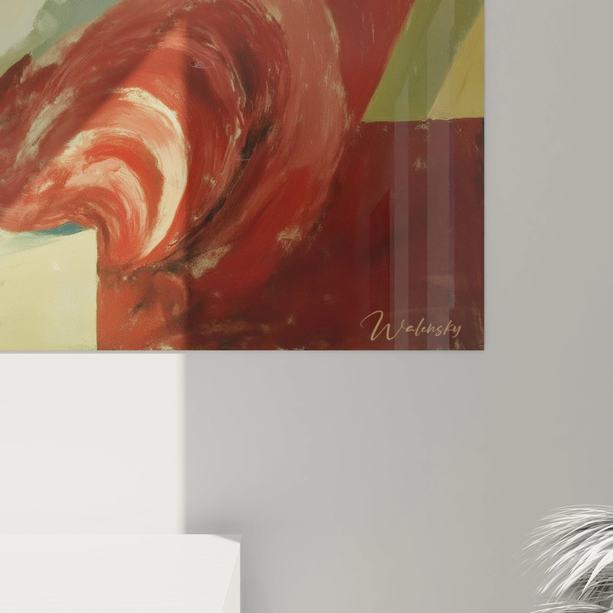 tableau femme dadaïsme mural signé Walensky peinture abstraite rouge et jaune accroché au mur moderne