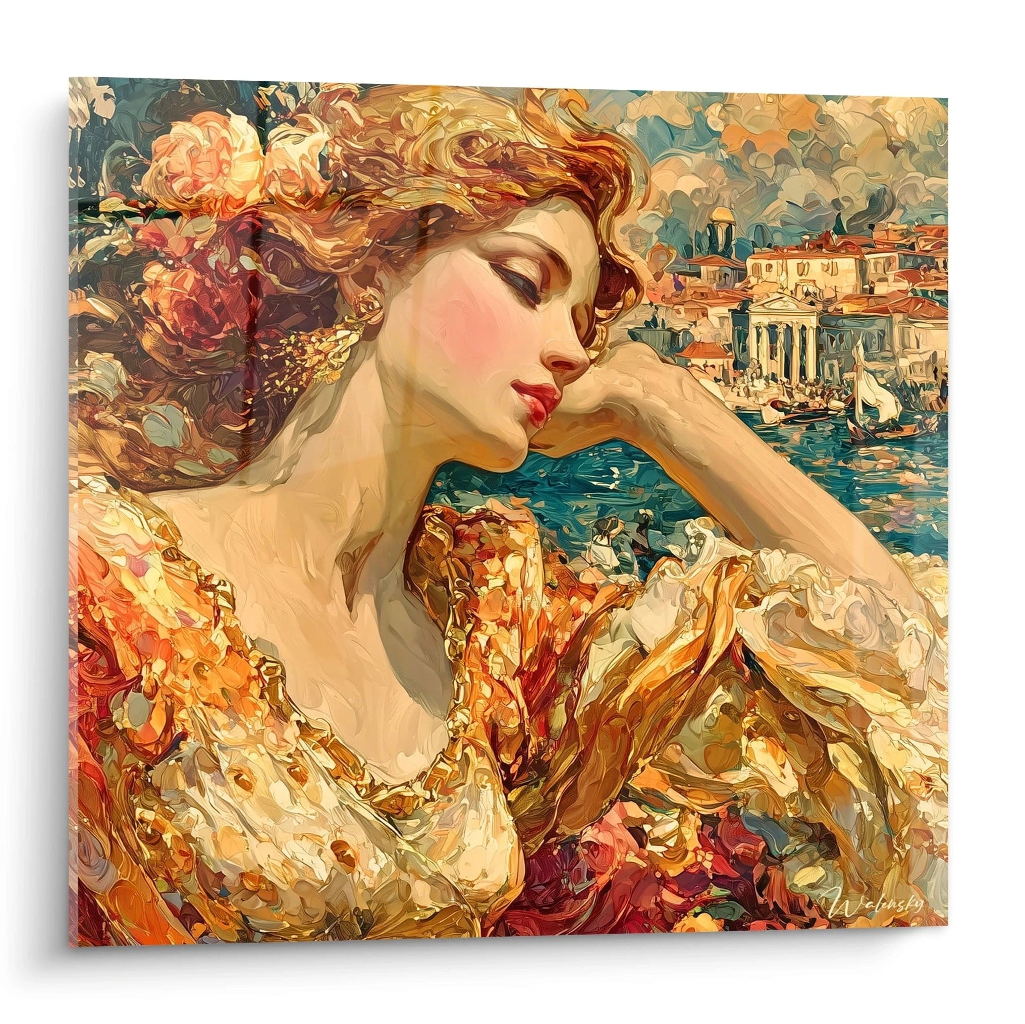 tableau femme renaissance italienne Walensky peinture murale portrait de femme elegante au bord de l eau en robe doree
