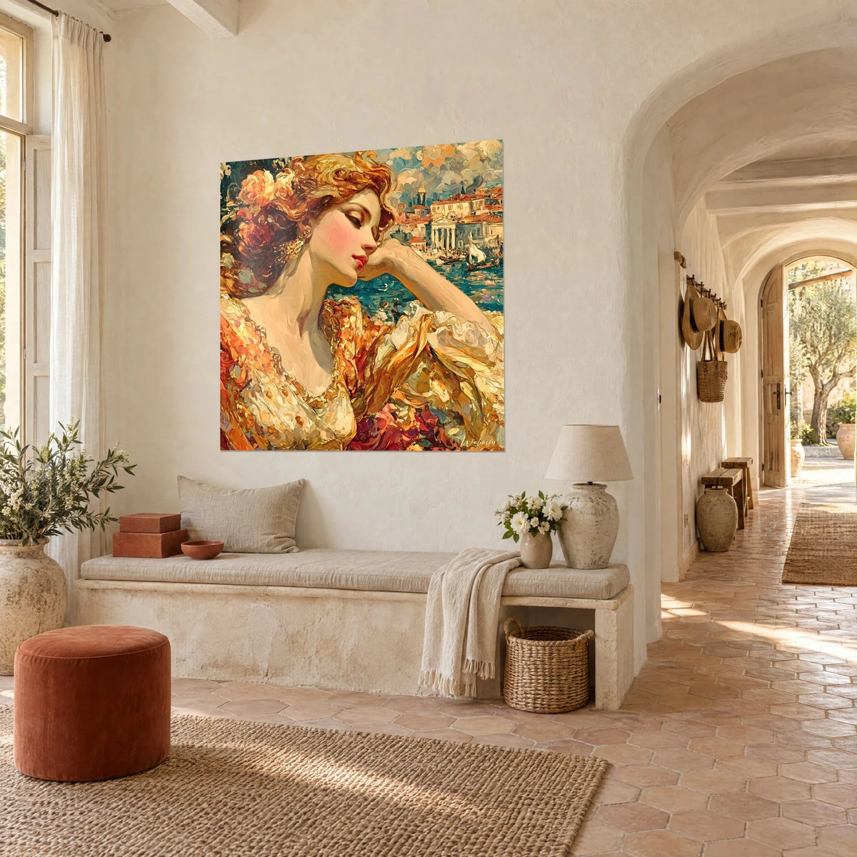 Cuadro retrato de dama de cabello cobrizo y rosas anaranjadas, palacio rojo y ocre al fondo, vista de tres cuartos en un pasillo abovedado