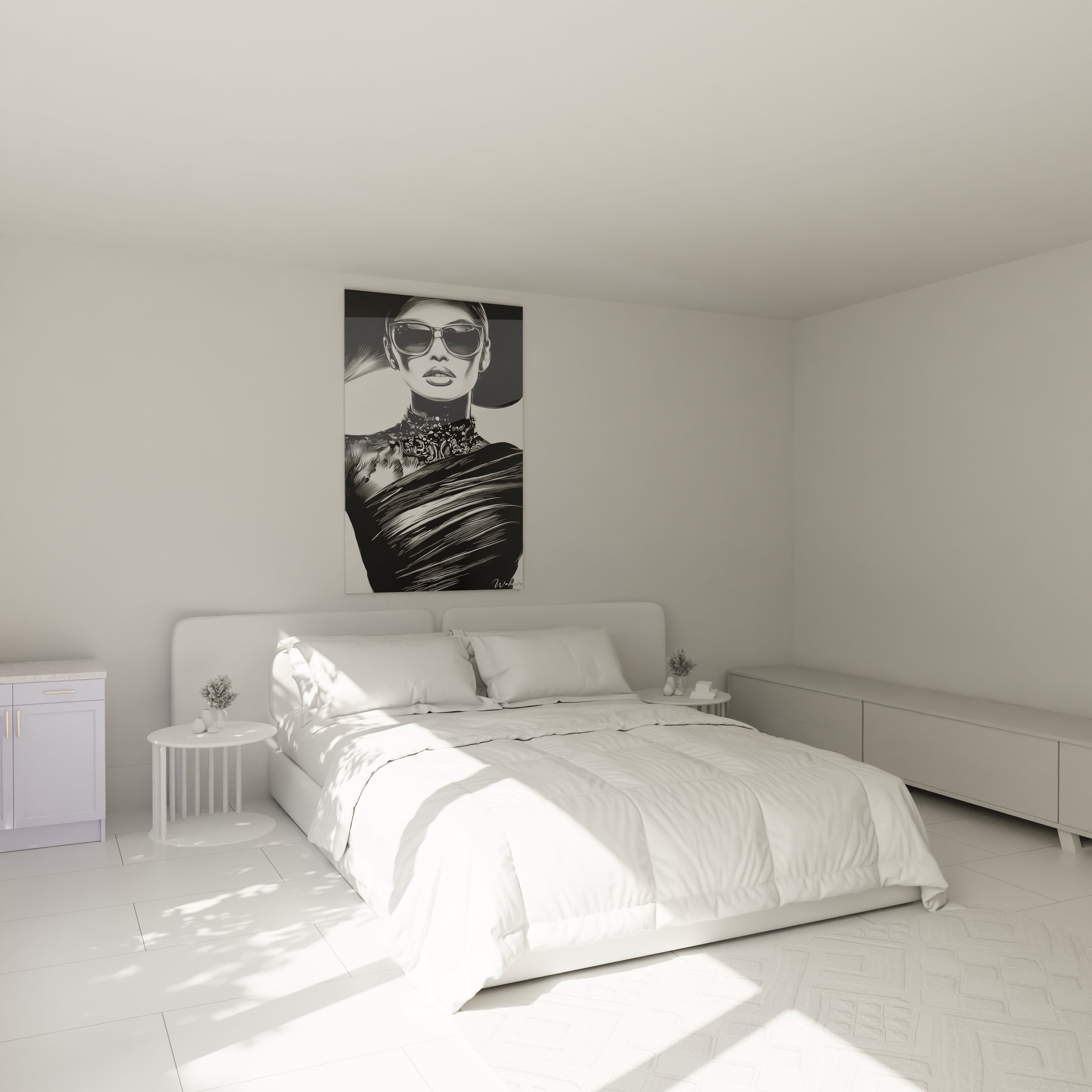Tableau femme noir et blanc de Walensky accroché au mur d'une chambre moderne et lumineuse.