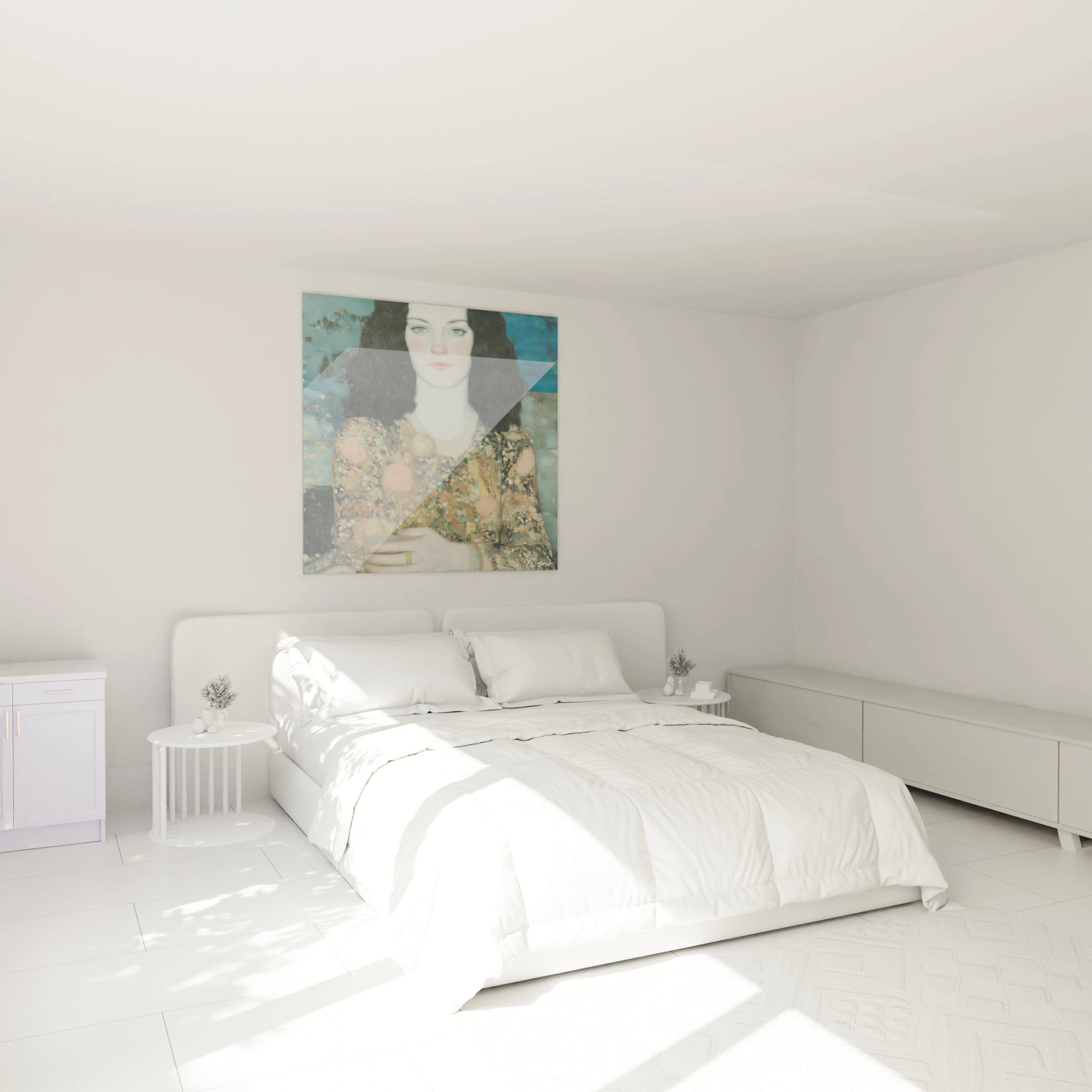 Walensky tableau femme symboliste carré accroché au dessus du lit blanc dans chambre minimaliste